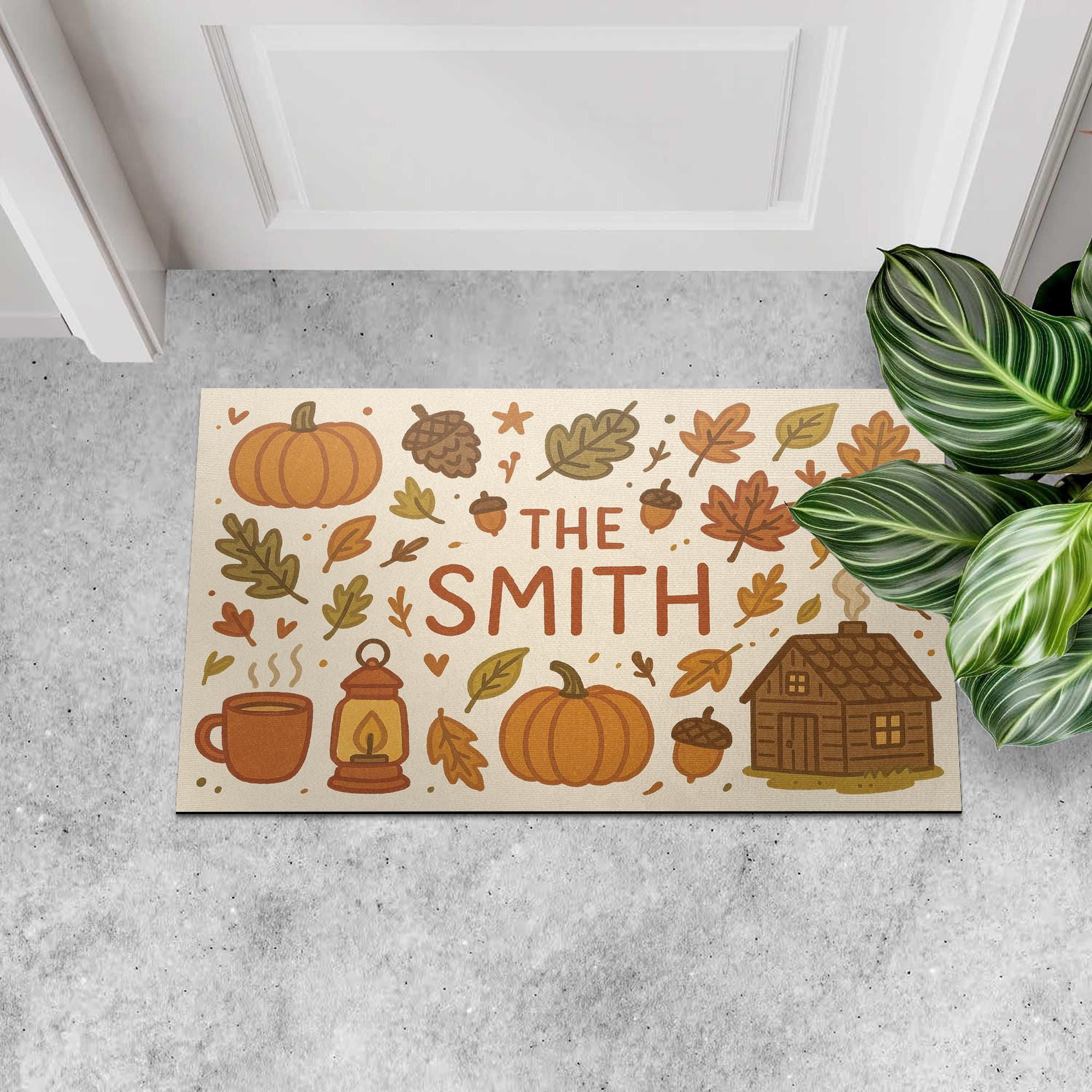 Custom Fall Doormat, Personalized Autumn Welcome Mat with Family Name, Pumpkin and Cabin Decor, Rustic Front Porch Mat