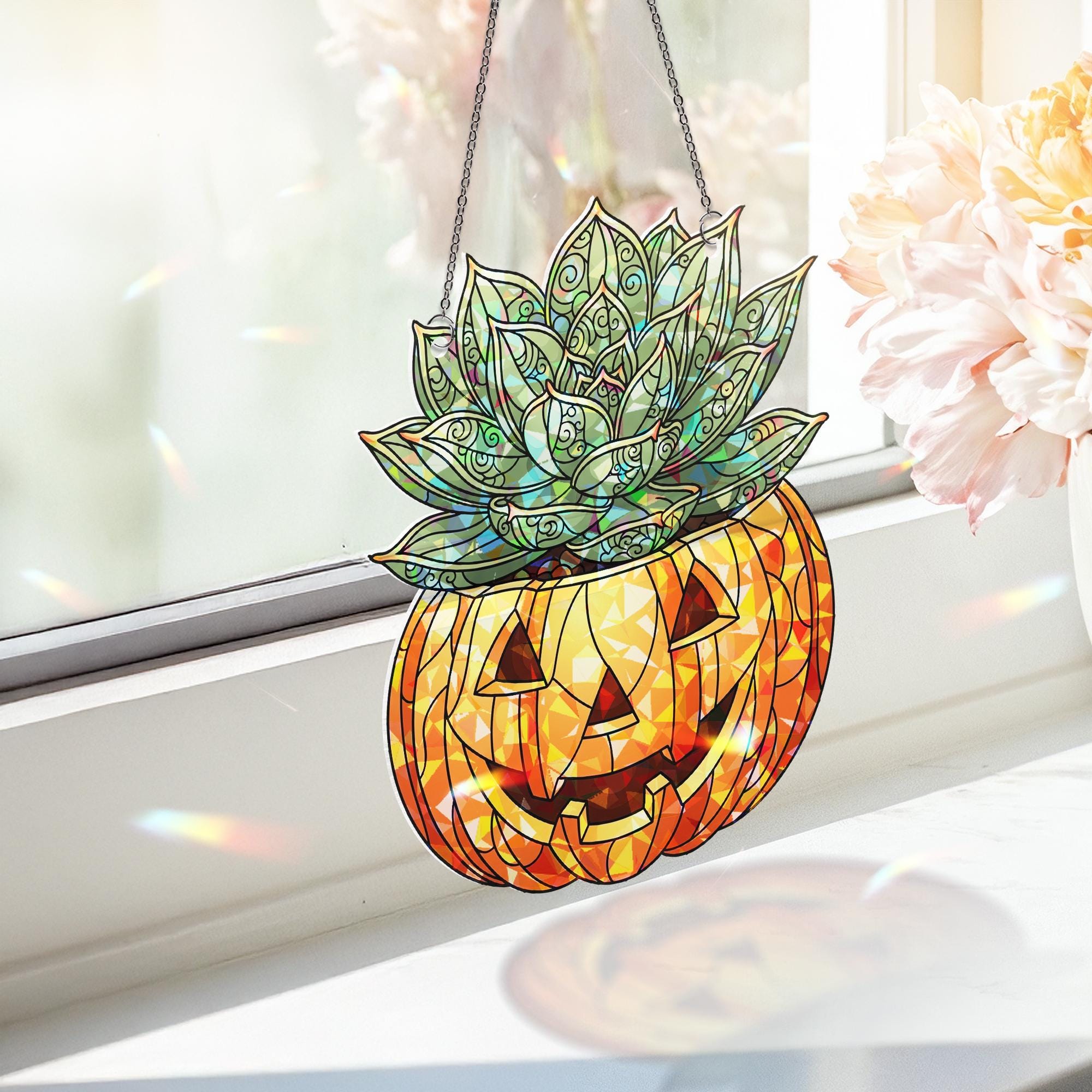 Succulent Jack-O'-Lantern Hologram Window Hanging – Halloween Plant Decor, Spooky Autumn Suncatcher, Fall Gothic Gift Idea
