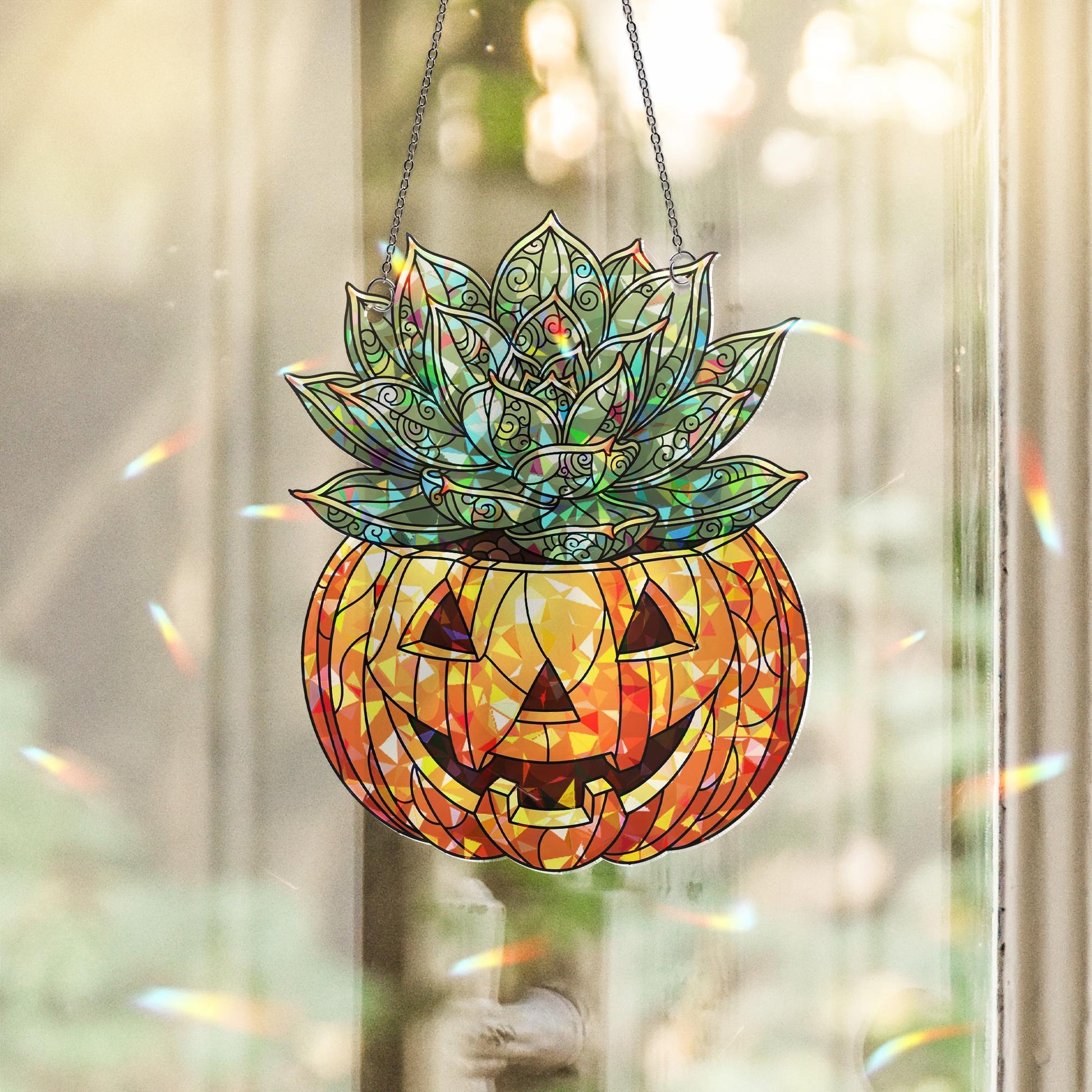 Succulent Jack-O'-Lantern Hologram Window Hanging – Halloween Plant Decor, Spooky Autumn Suncatcher, Fall Gothic Gift Idea