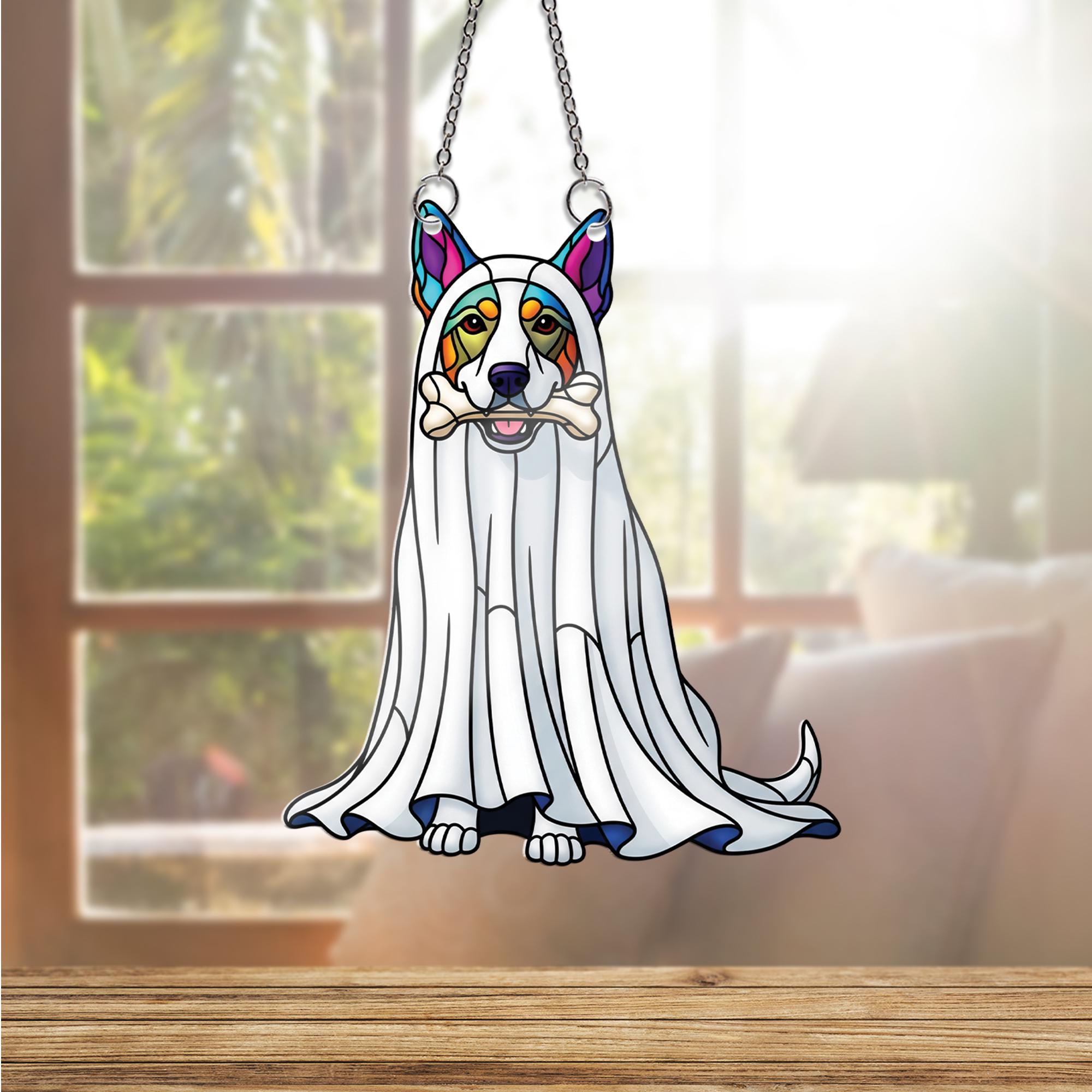 Ghost Dog Window Hanging – Halloween Pup Suncatcher, Stained Glass Pet Decor, Cute Dog in Costume with Bone, Fall Window Art