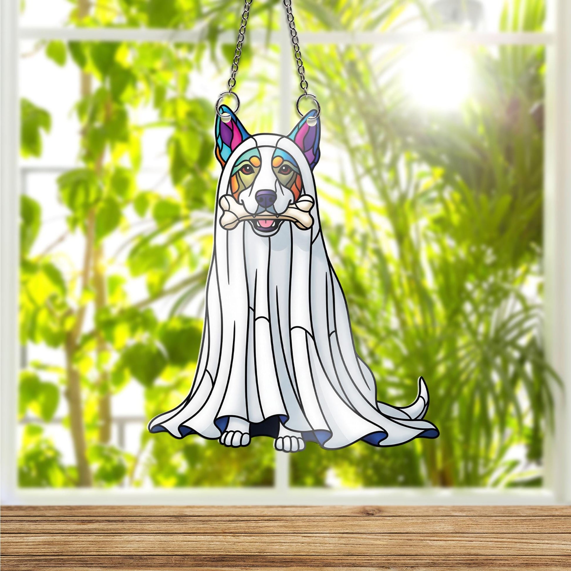 Ghost Dog Window Hanging – Halloween Pup Suncatcher, Stained Glass Pet Decor, Cute Dog in Costume with Bone, Fall Window Art