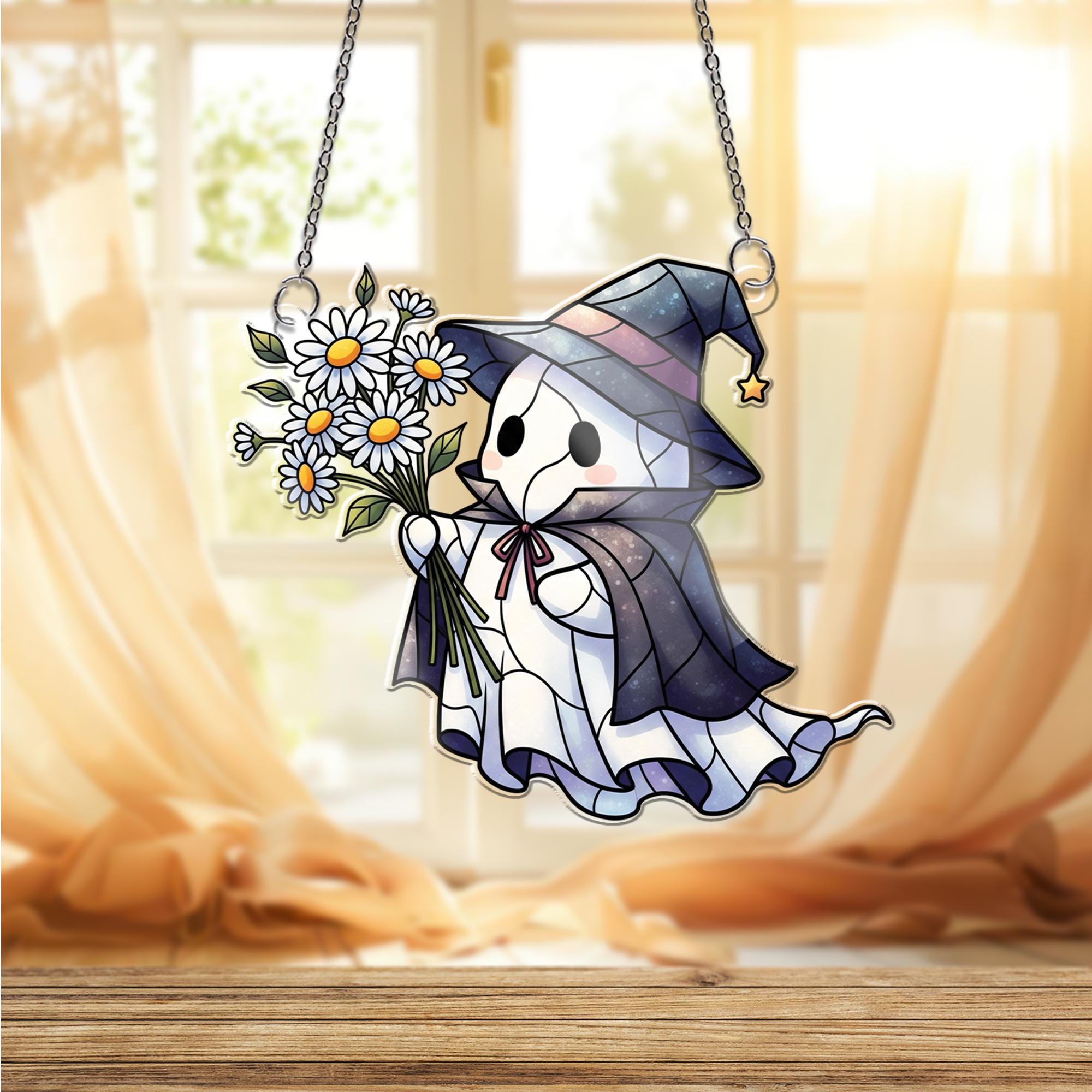 Ghost Witch with Daisies Window Hanging – Cute Faux Stained Glass Suncatcher, Halloween Floral Ghost Decor, Spooky Whimsical Window Art