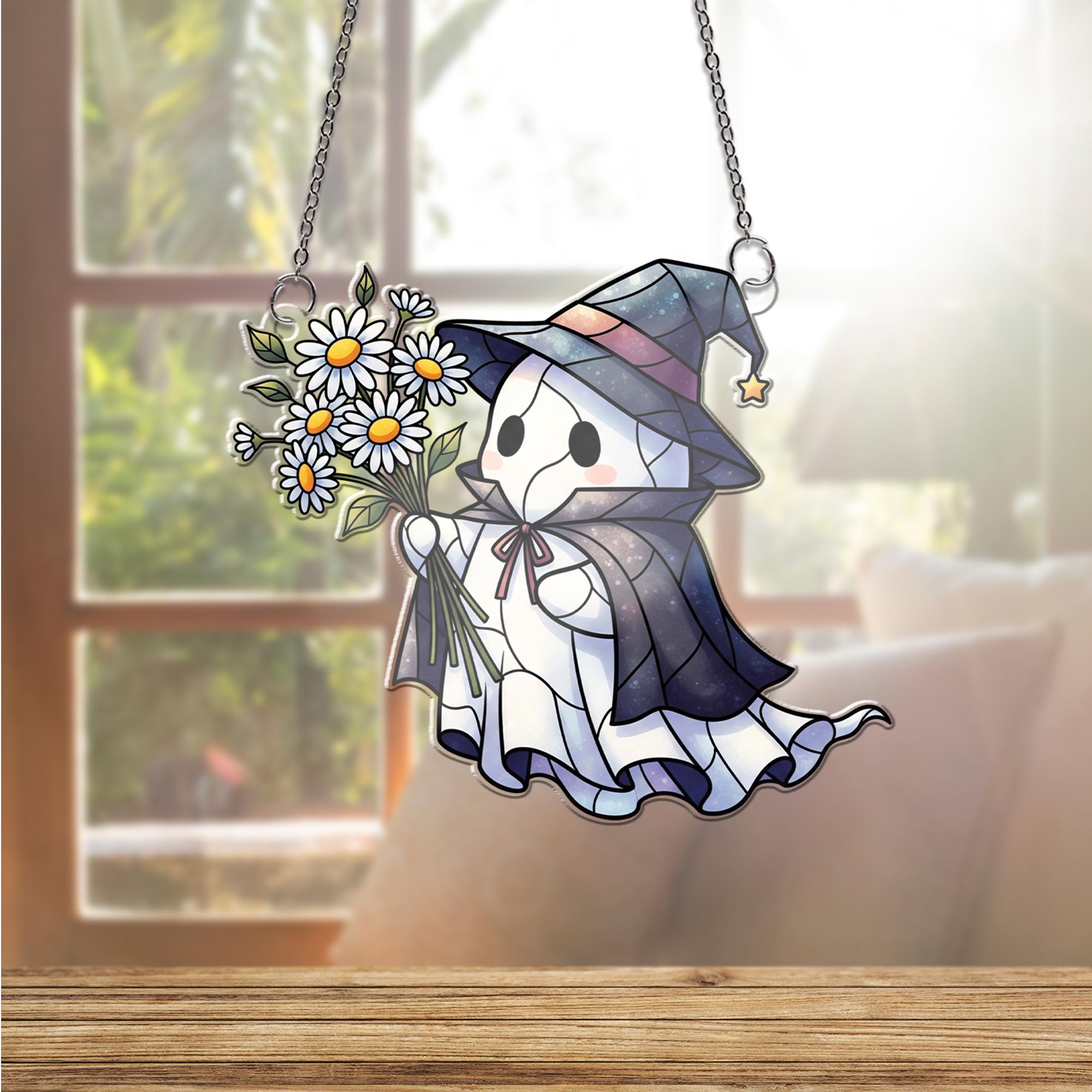 Ghost Witch with Daisies Window Hanging – Cute Faux Stained Glass Suncatcher, Halloween Floral Ghost Decor, Spooky Whimsical Window Art