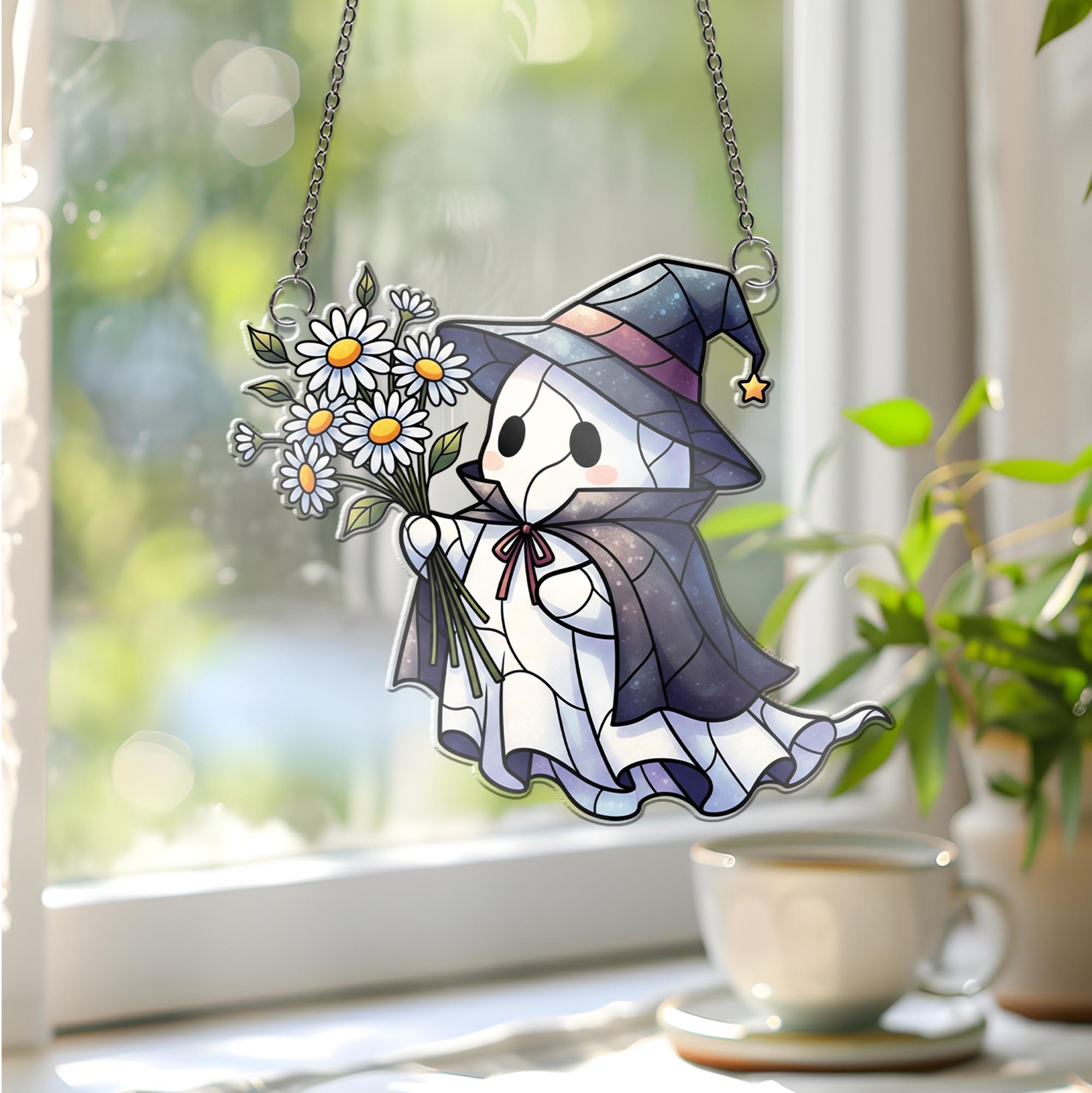 Ghost Witch with Daisies Window Hanging – Cute Faux Stained Glass Suncatcher, Halloween Floral Ghost Decor, Spooky Whimsical Window Art