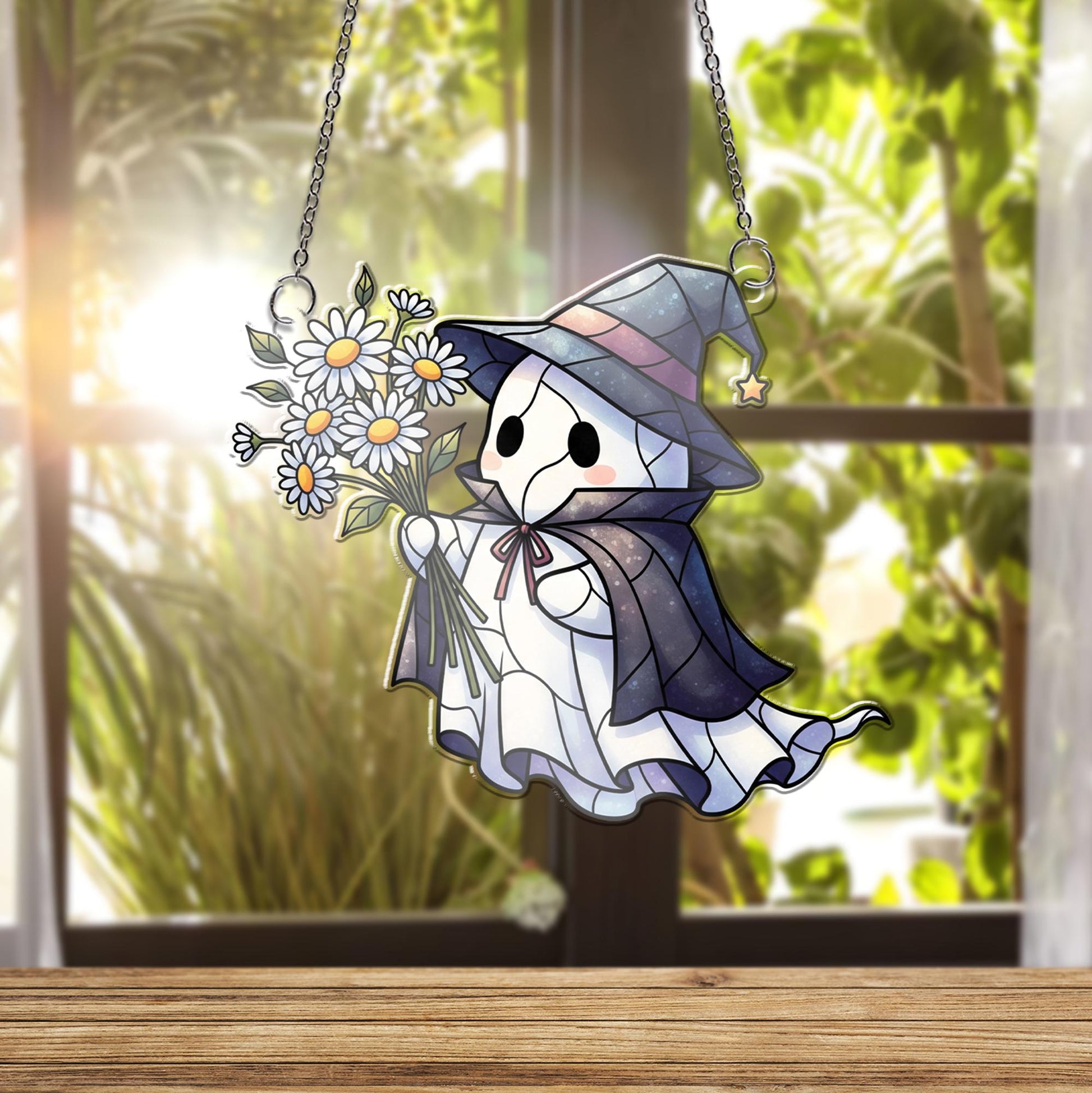 Ghost Witch with Daisies Window Hanging – Cute Faux Stained Glass Suncatcher, Halloween Floral Ghost Decor, Spooky Whimsical Window Art