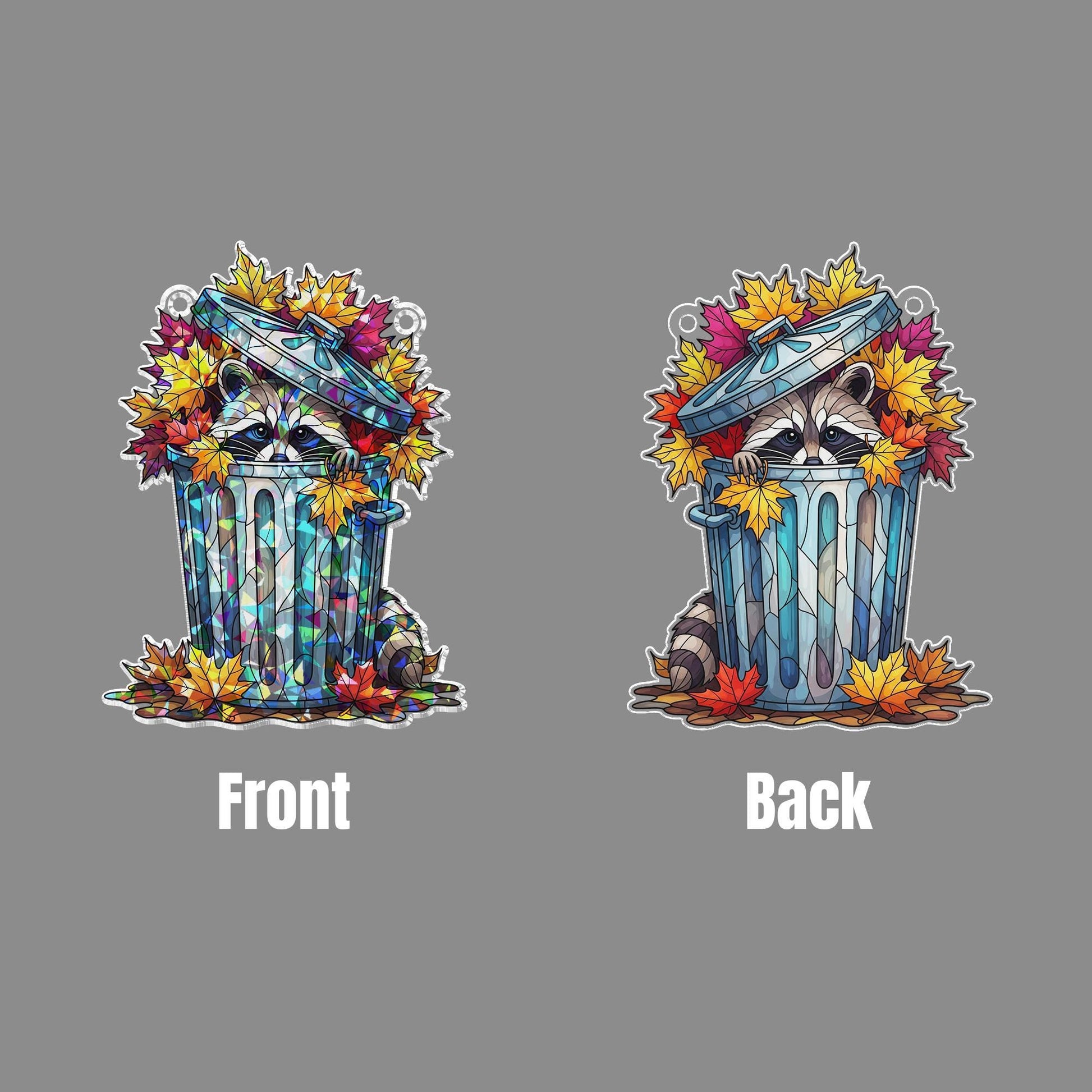Raccoon in Trash Can Autumn Window Hanging – Cute Fall Suncatcher, Holographic Raccoon Decor, Whimsical Woodland Animal Art
