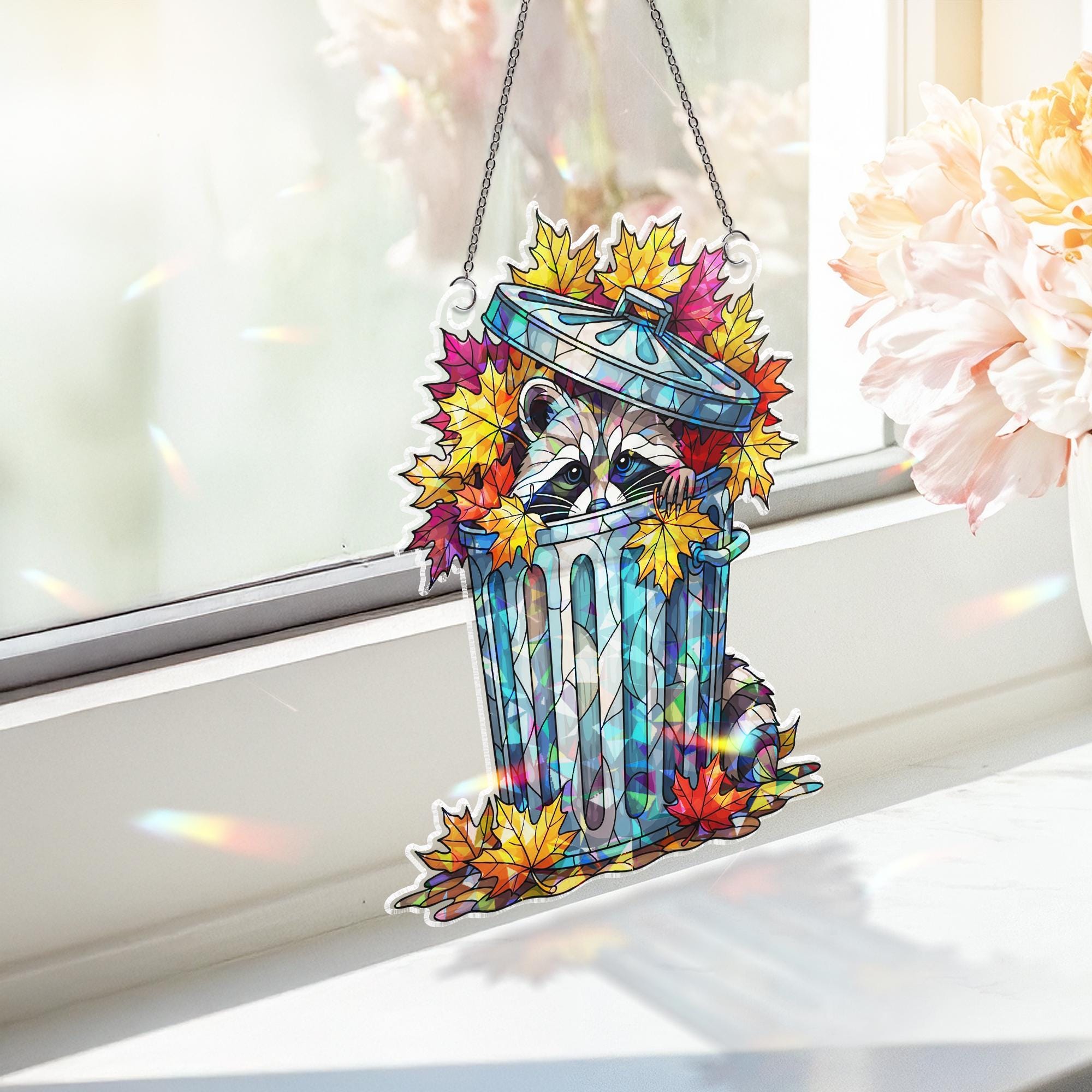 Raccoon in Trash Can Autumn Window Hanging – Cute Fall Suncatcher, Holographic Raccoon Decor, Whimsical Woodland Animal Art