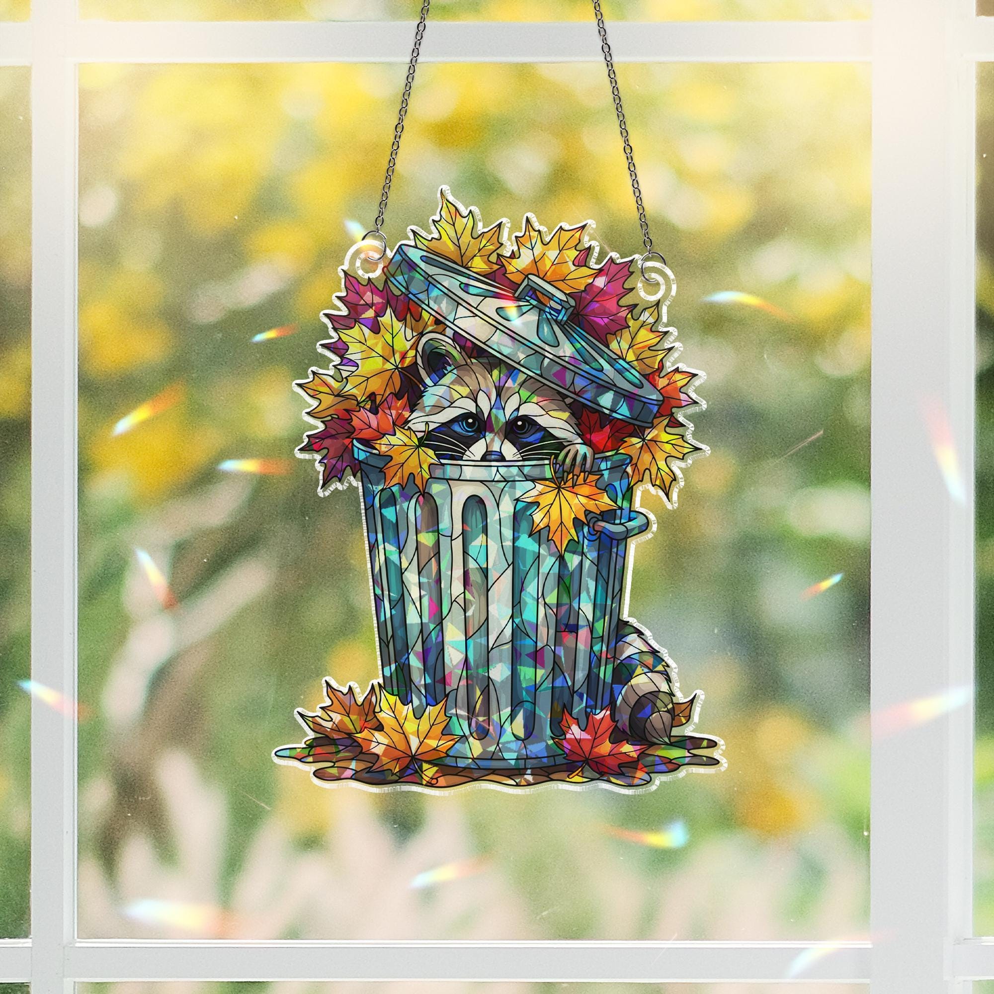 Raccoon in Trash Can Autumn Window Hanging – Cute Fall Suncatcher, Holographic Raccoon Decor, Whimsical Woodland Animal Art