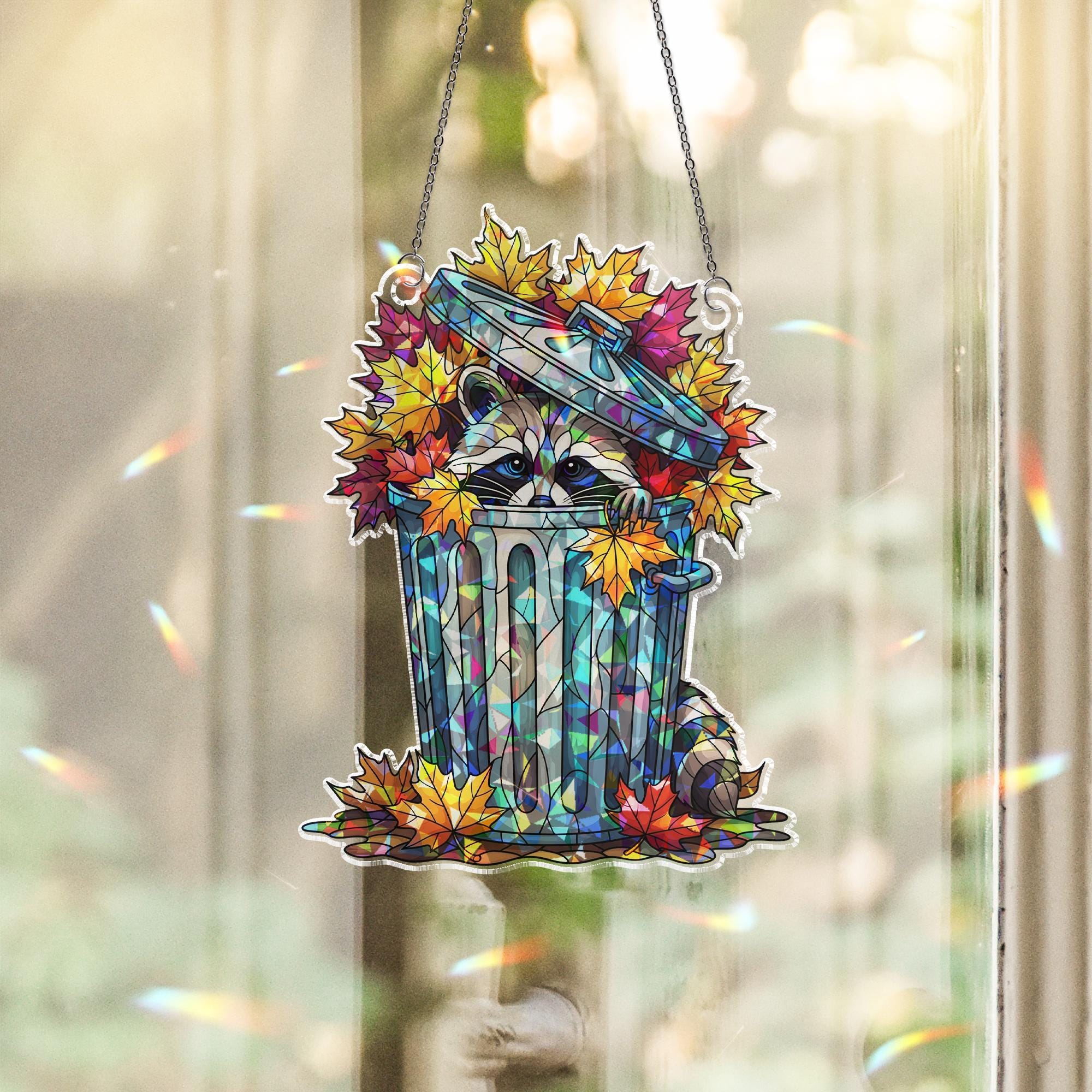 Raccoon in Trash Can Autumn Window Hanging – Cute Fall Suncatcher, Holographic Raccoon Decor, Whimsical Woodland Animal Art