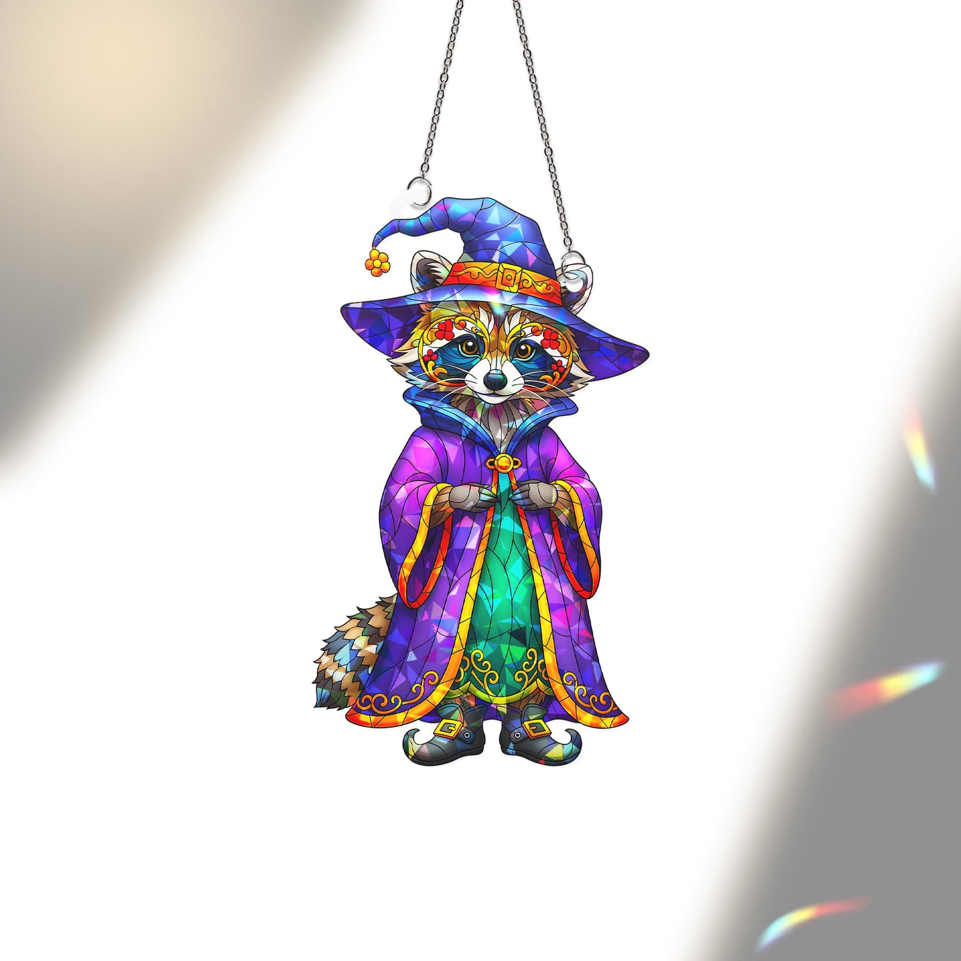 Wizard Raccoon Holographic Window Hanging – Stained Glass Style Suncatcher, Cute Magical Animal Decor for Halloween or Year-Round Charm