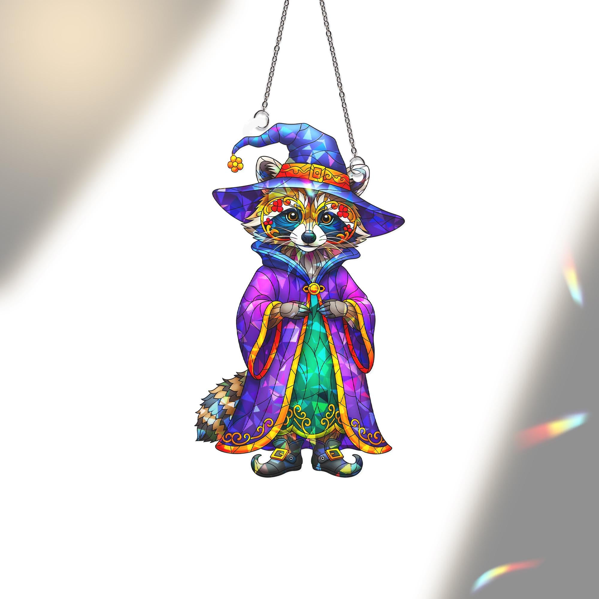 Wizard Raccoon Holographic Window Hanging – Stained Glass Style Suncatcher, Cute Magical Animal Decor for Halloween or Year-Round Charm