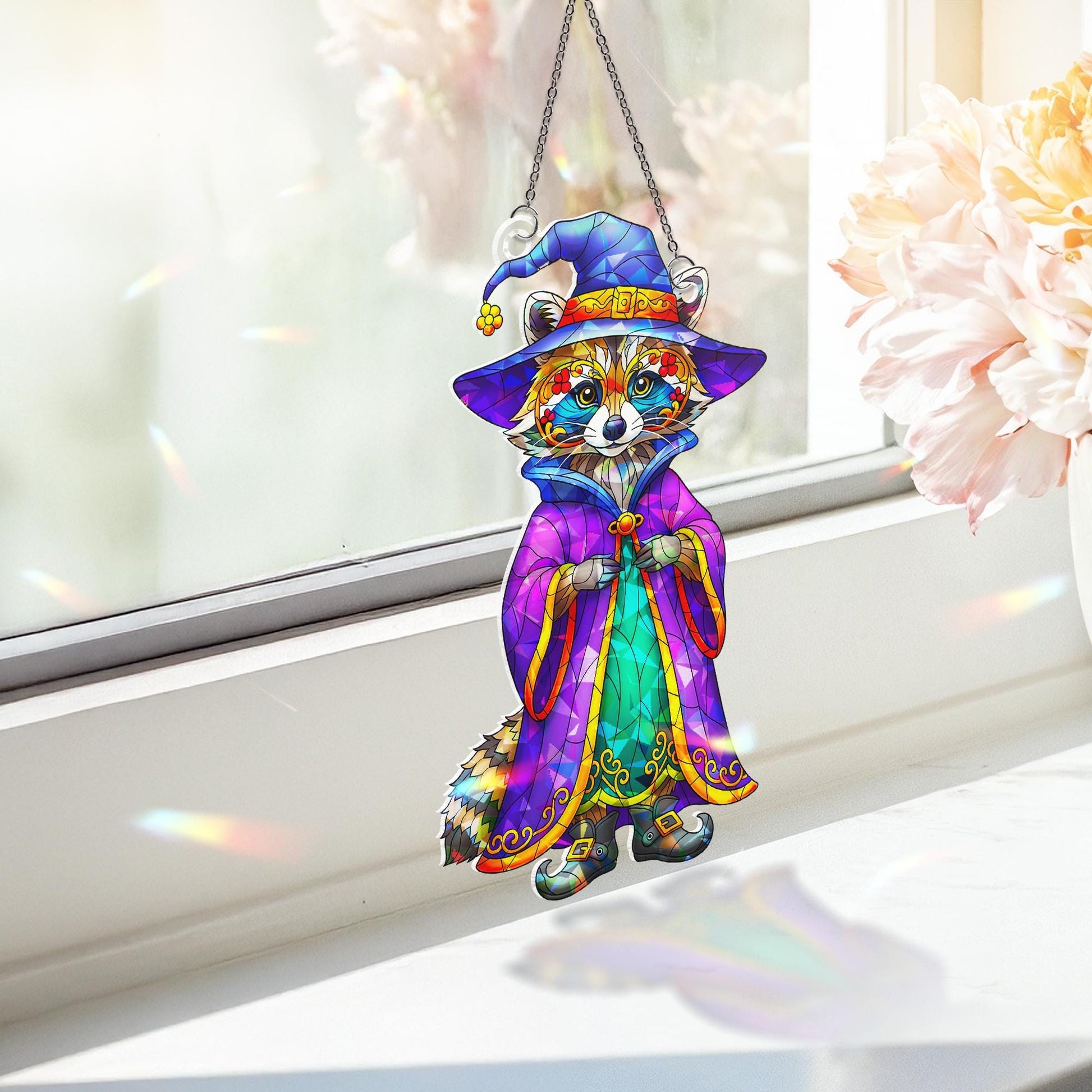 Wizard Raccoon Holographic Window Hanging – Stained Glass Style Suncatcher, Cute Magical Animal Decor for Halloween or Year-Round Charm