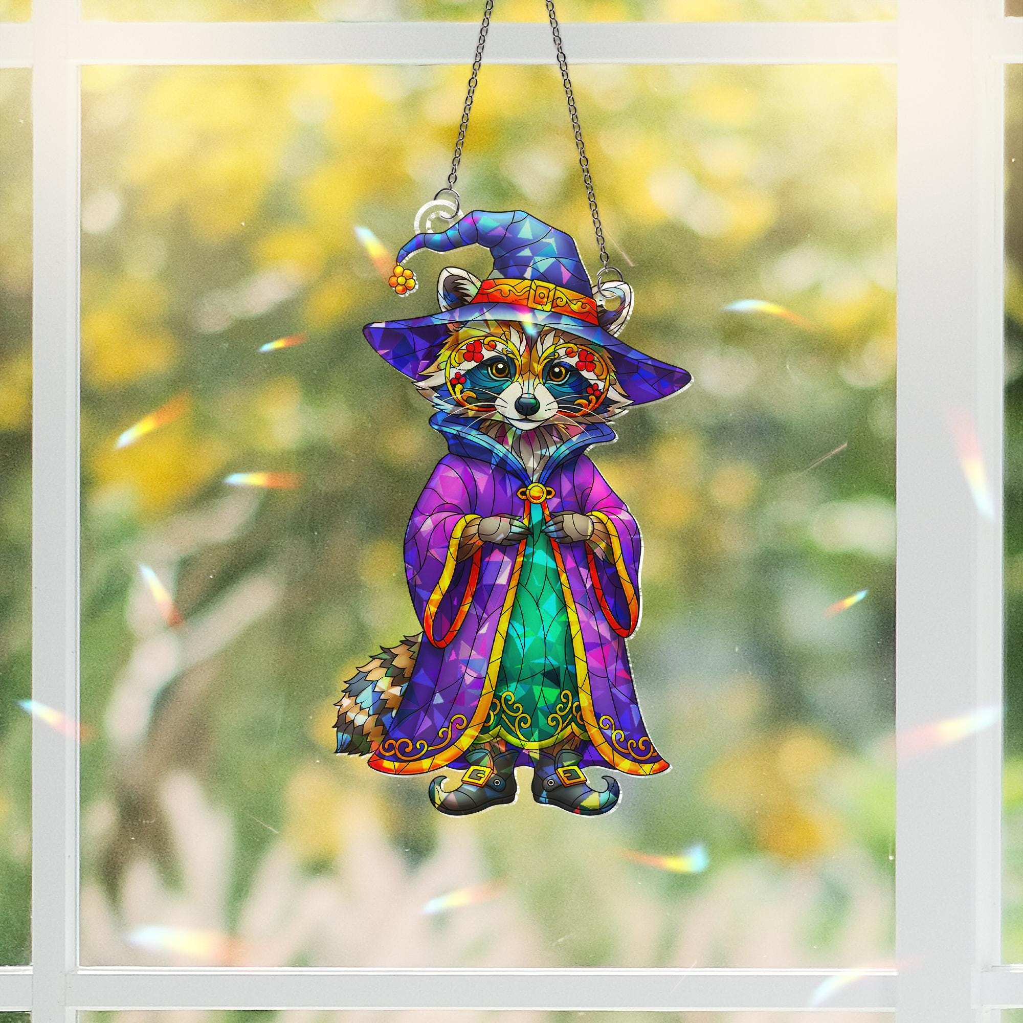 Wizard Raccoon Holographic Window Hanging – Stained Glass Style Suncatcher, Cute Magical Animal Decor for Halloween or Year-Round Charm