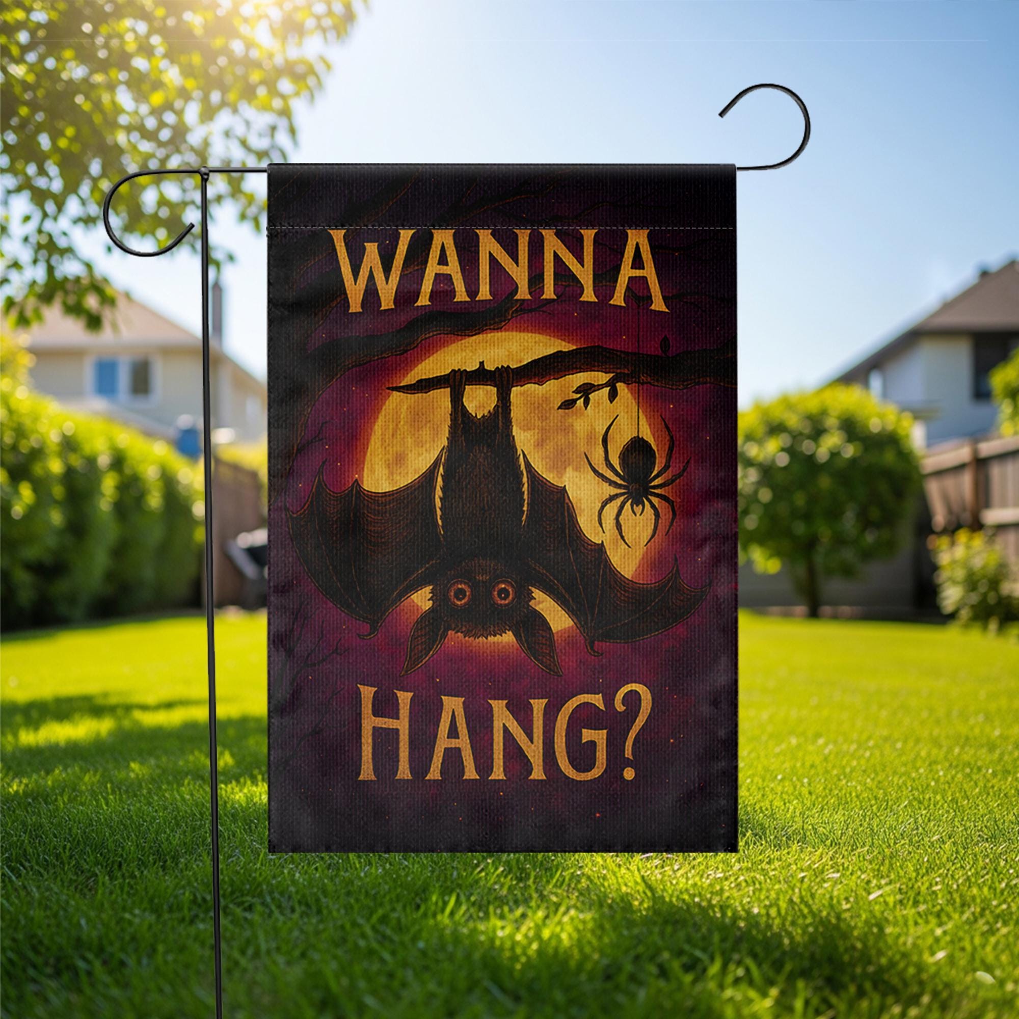 Wanna Hang Halloween Garden Flag – Funny Bat and Spider Yard Decor, Spooky Outdoor Decoration for Fall and Haunted House Vibes