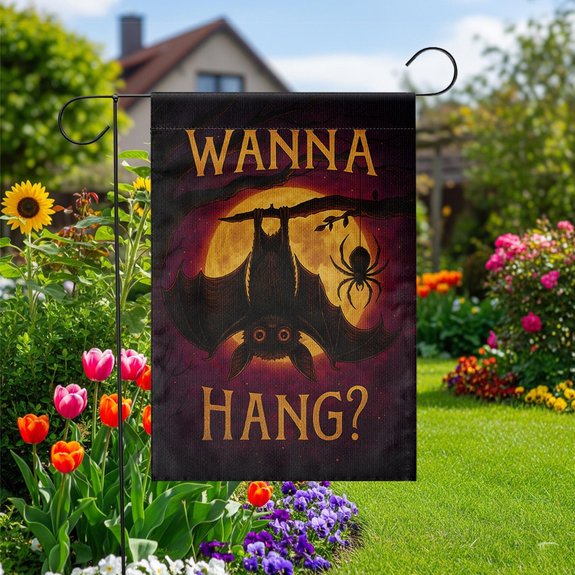 Wanna Hang Halloween Garden Flag – Funny Bat and Spider Yard Decor, Spooky Outdoor Decoration for Fall and Haunted House Vibes