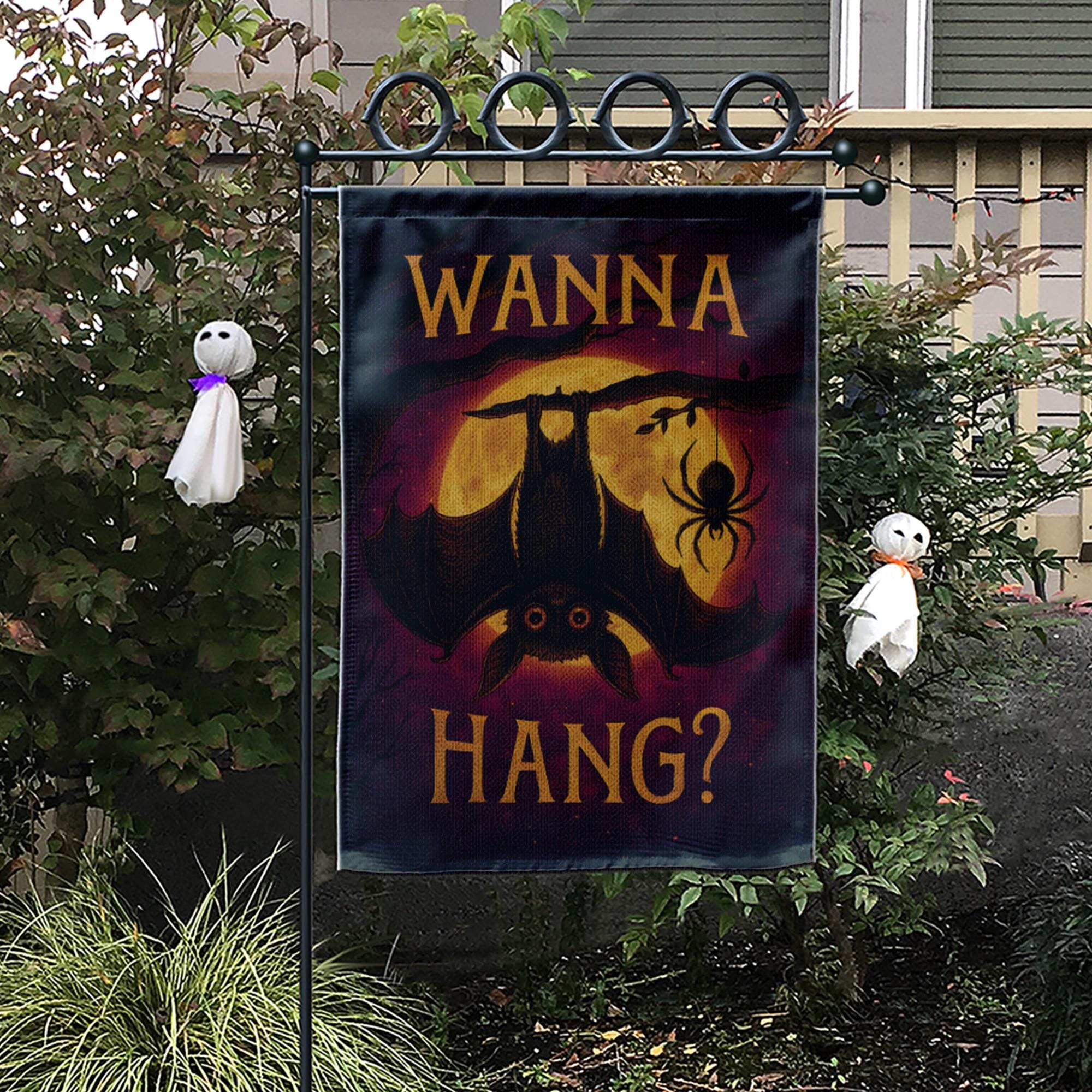 Wanna Hang Halloween Garden Flag – Funny Bat and Spider Yard Decor, Spooky Outdoor Decoration for Fall and Haunted House Vibes