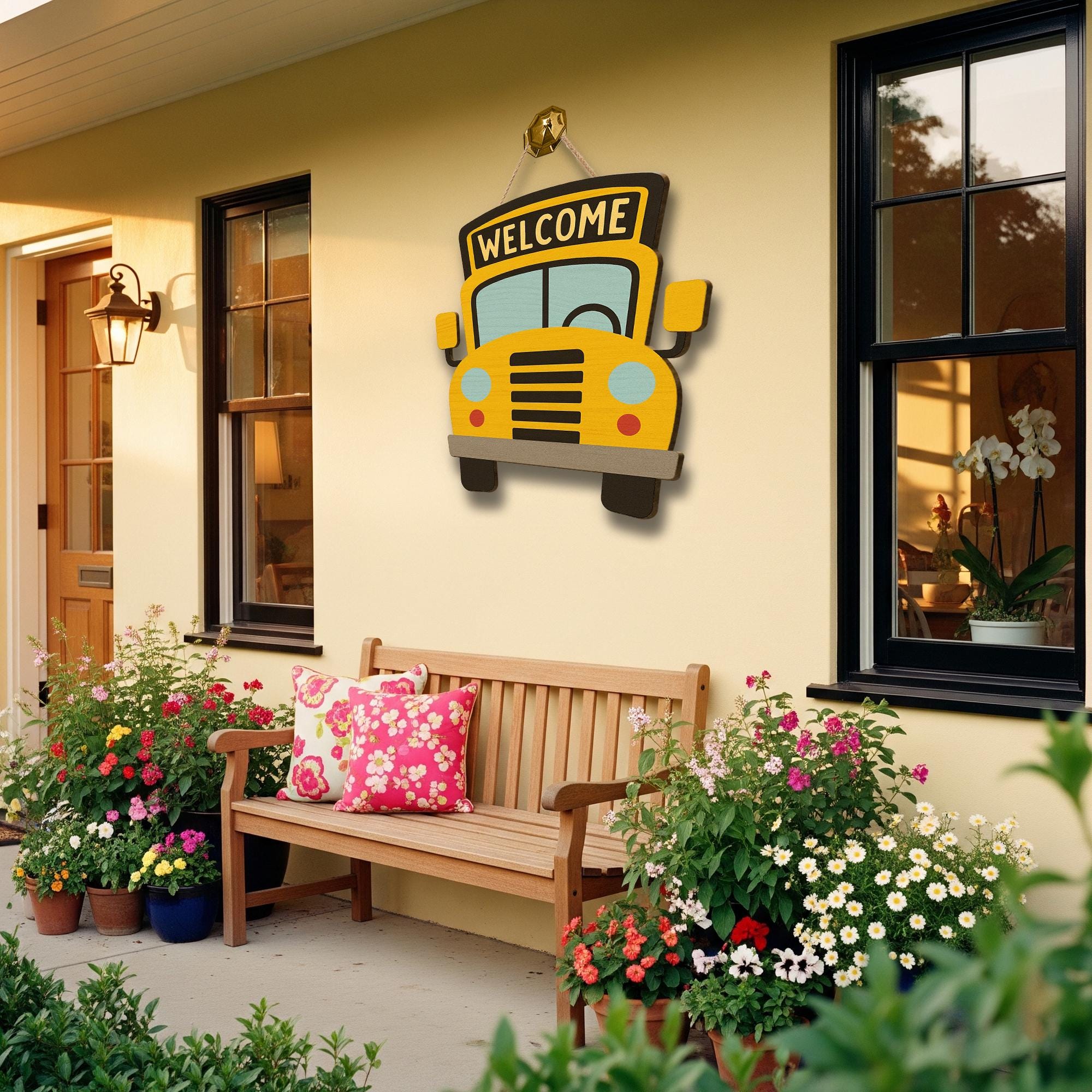 School Bus Welcome Door Sign – Cute Classroom Decor for Teachers, Back to School Wooden Hanger for Entryway or Bulletin Board, Teachers Gift