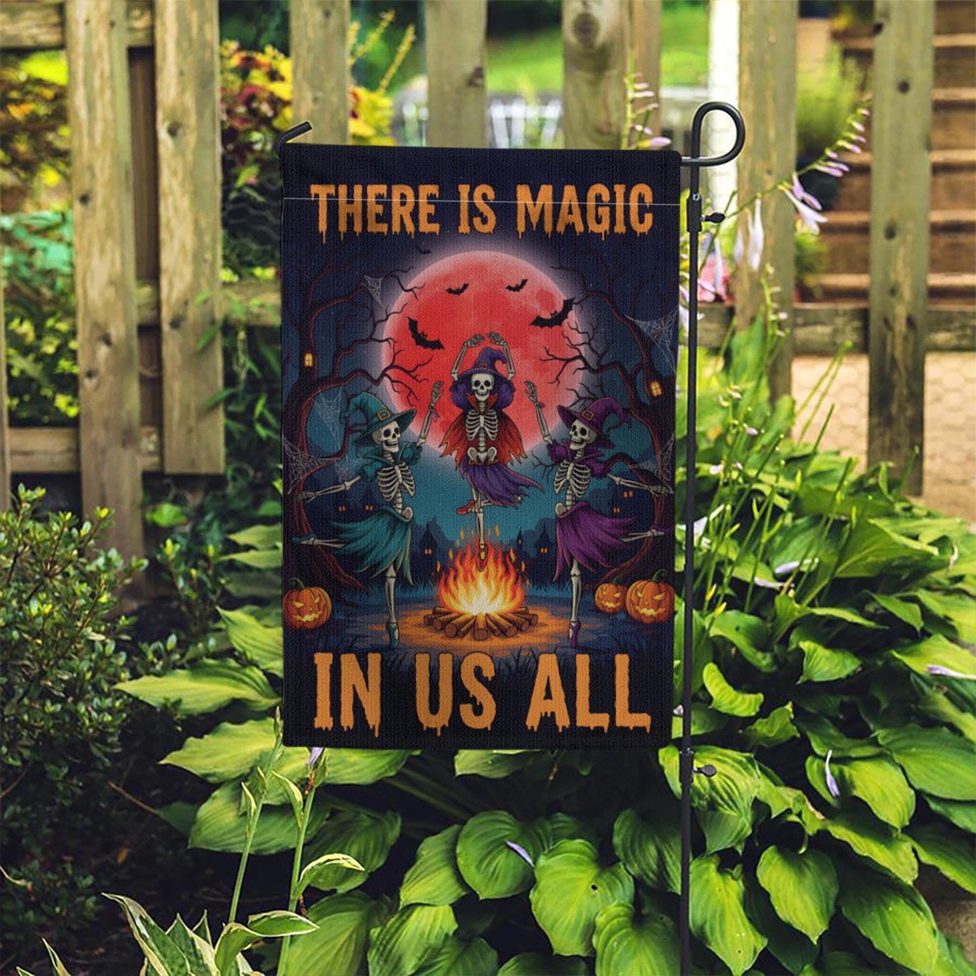 There Is Magic In Us All Halloween Flag – Witch Skeleton Dance Garden Banner, Spooky Fire Pit Outdoor Fall Yard Decor for Halloween