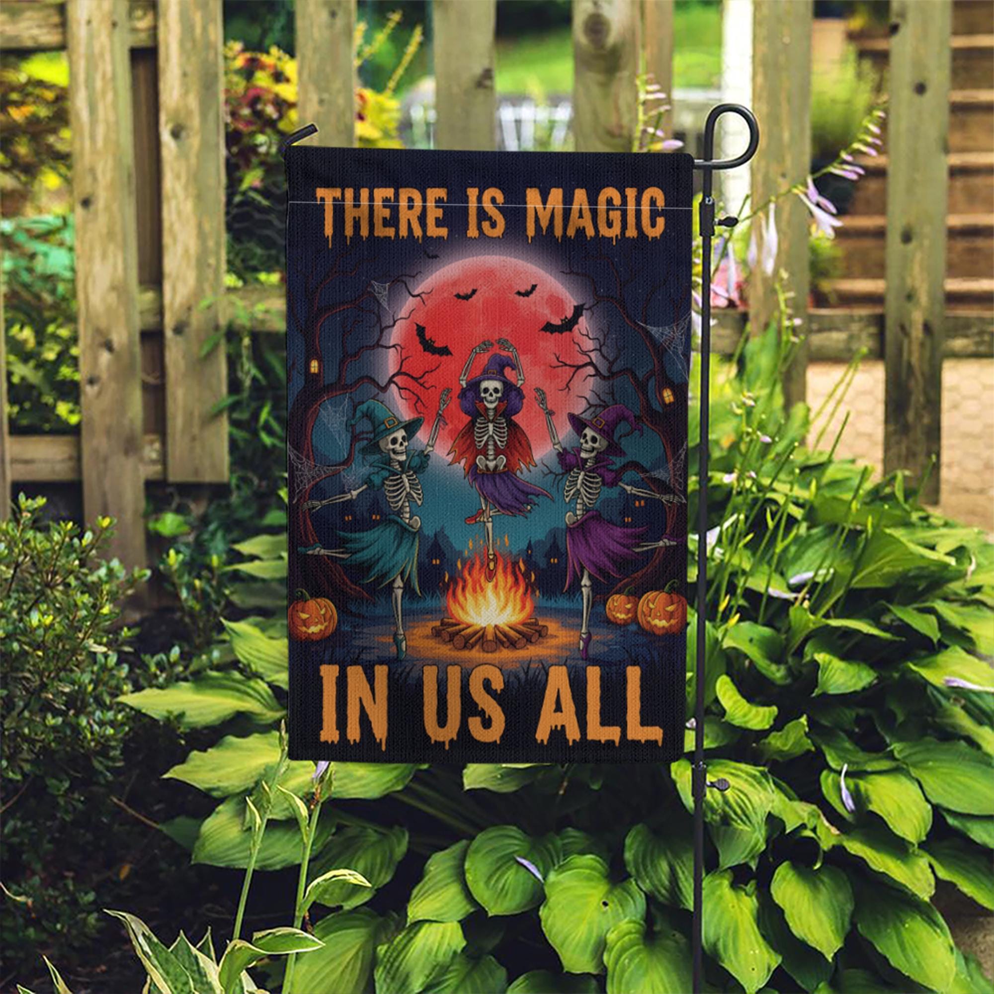 There Is Magic In Us All Halloween Flag – Witch Skeleton Dance Garden Banner, Spooky Fire Pit Outdoor Fall Yard Decor for Halloween