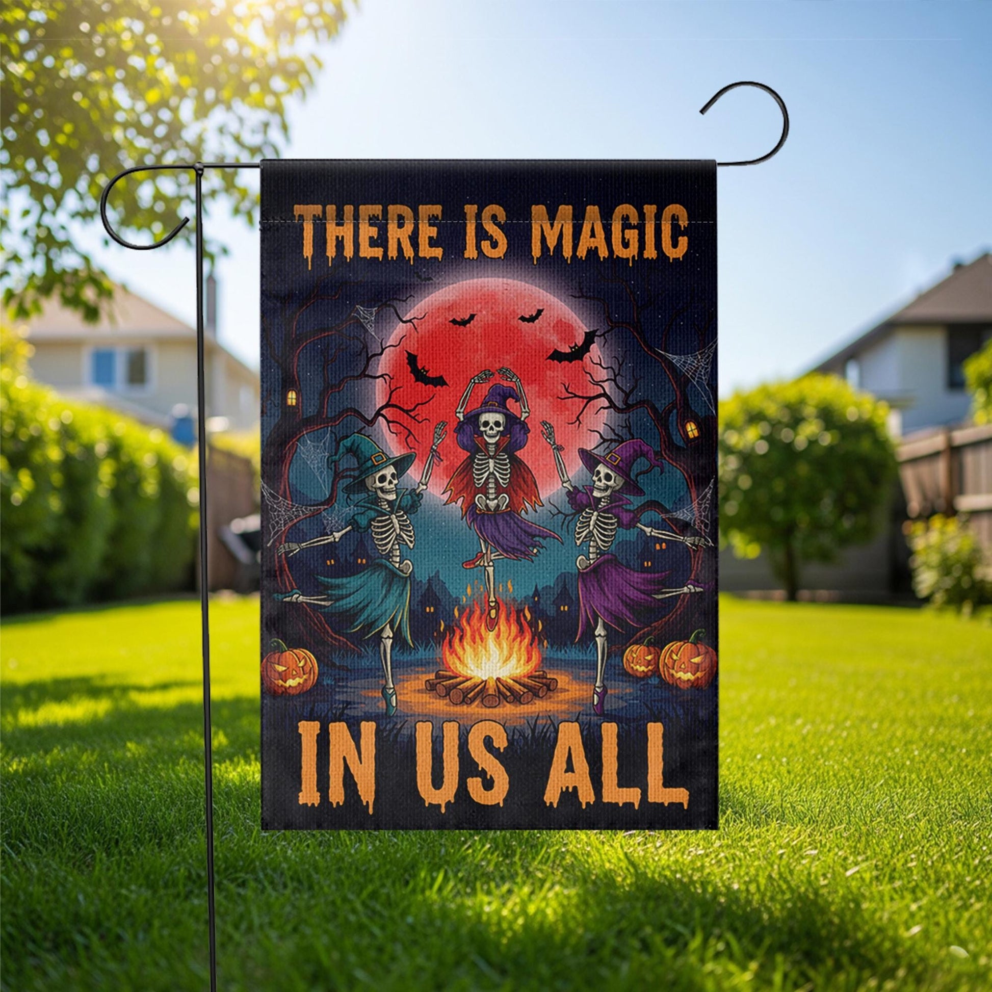 There Is Magic In Us All Halloween Flag – Witch Skeleton Dance Garden Banner, Spooky Fire Pit Outdoor Fall Yard Decor for Halloween