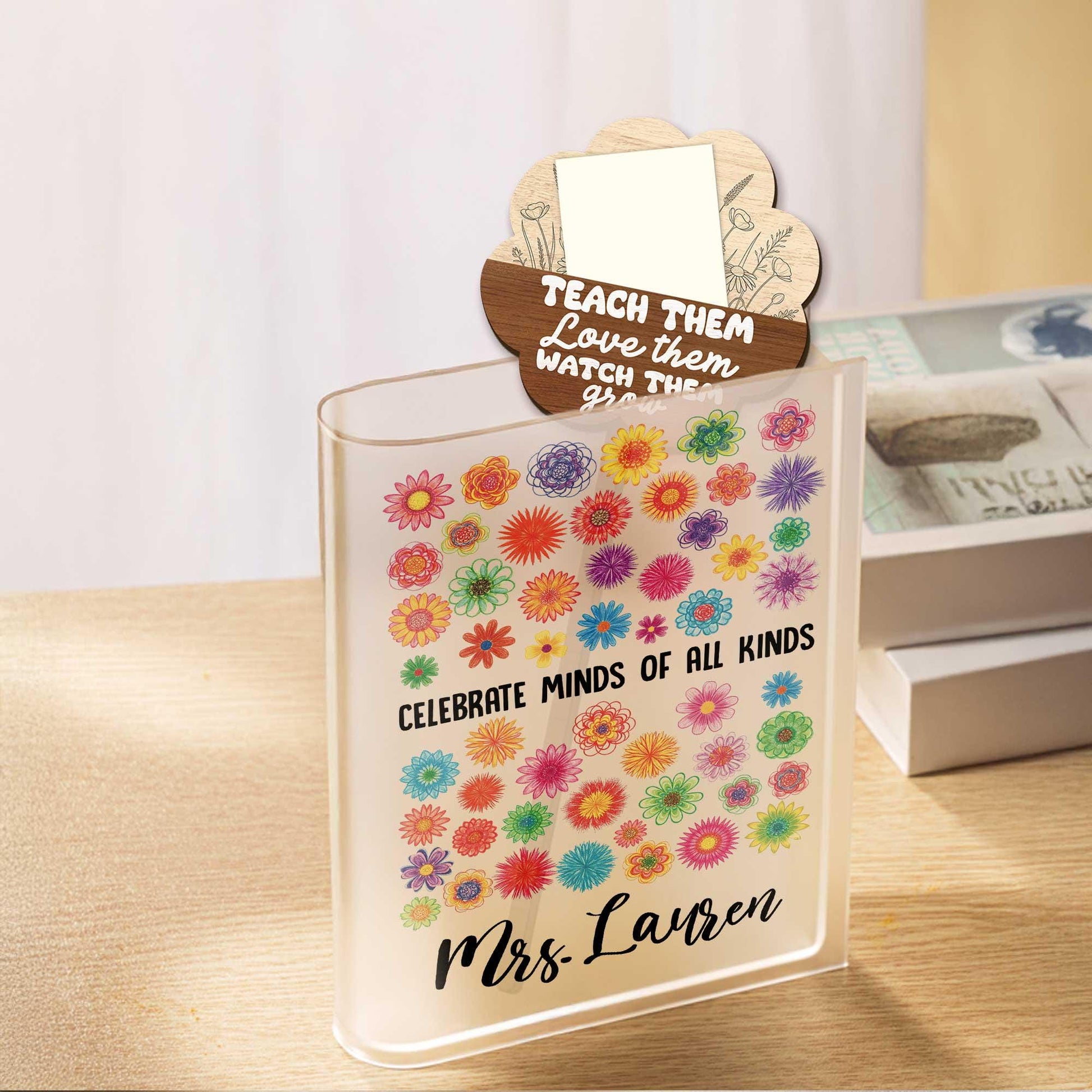 Personalized Teacher Book Vase Gift - Celebrate Minds of All Kinds - Flower Sticky Note Holder - Back to School Classroom Decor