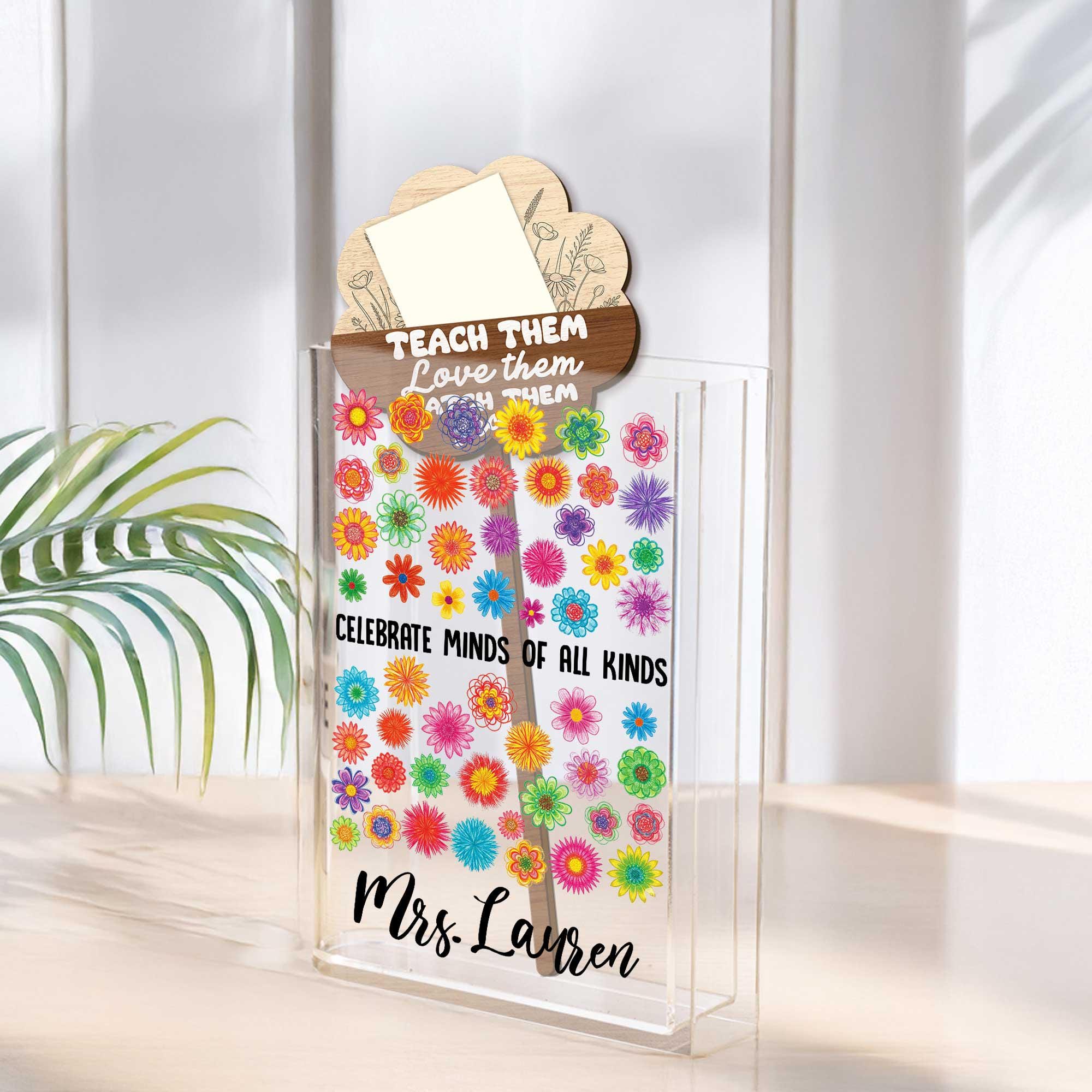 Personalized Teacher Book Vase Gift - Celebrate Minds of All Kinds - Flower Sticky Note Holder - Back to School Classroom Decor