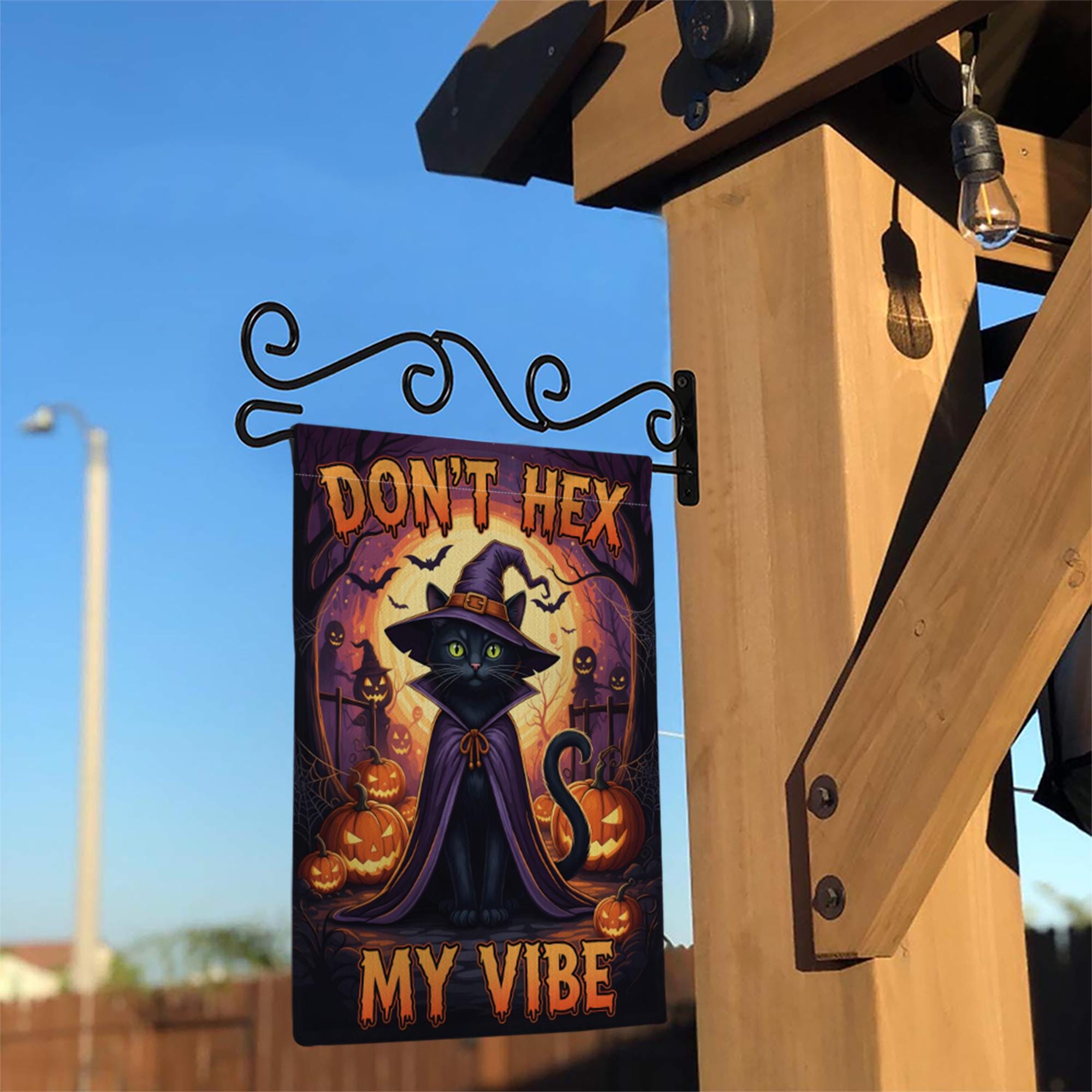 Don't Hex My Vibe Halloween Garden Flag – Witch Cat and Pumpkin Spooky Yard Banner, Funny Outdoor Fall Decor for Halloween Lovers