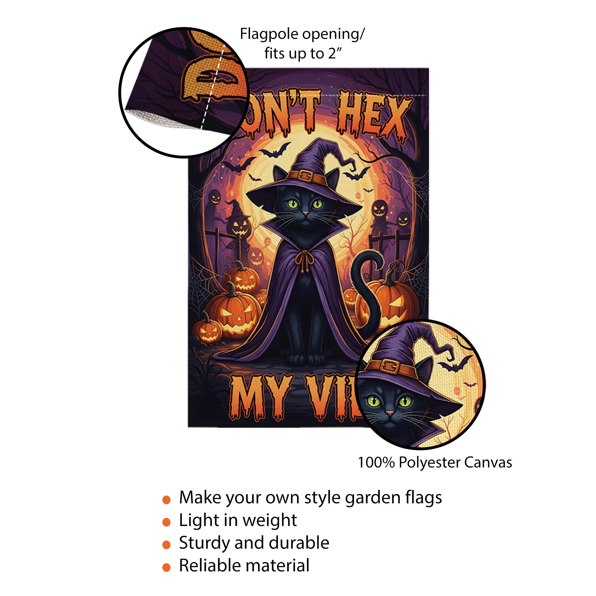 Don't Hex My Vibe Halloween Garden Flag – Witch Cat and Pumpkin Spooky Yard Banner, Funny Outdoor Fall Decor for Halloween Lovers