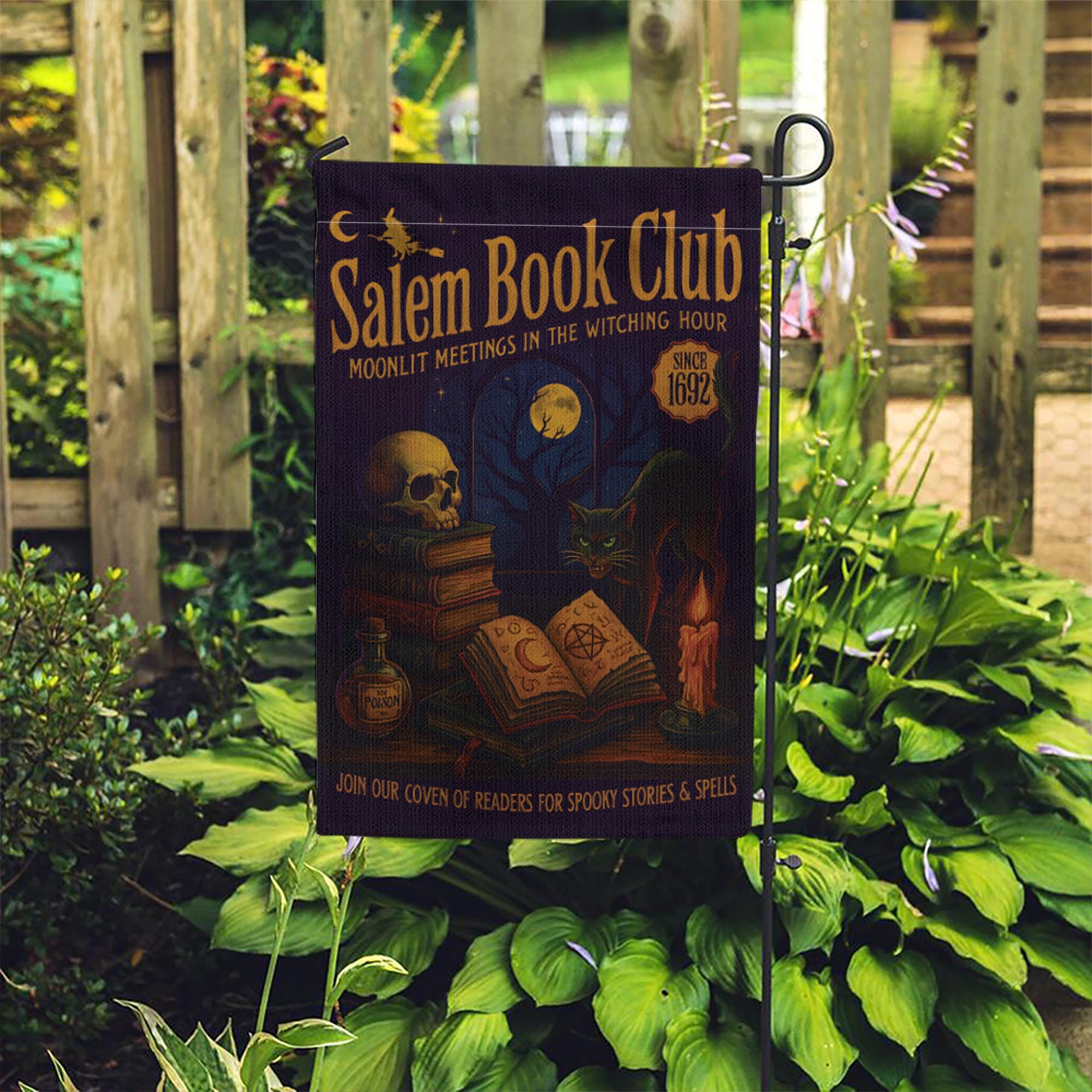 Salem Book Club Garden Flag – Witchy Halloween Outdoor Decor, Moonlit Reading Coven Banner, Spooky Gothic Yard Flag for Book Lovers