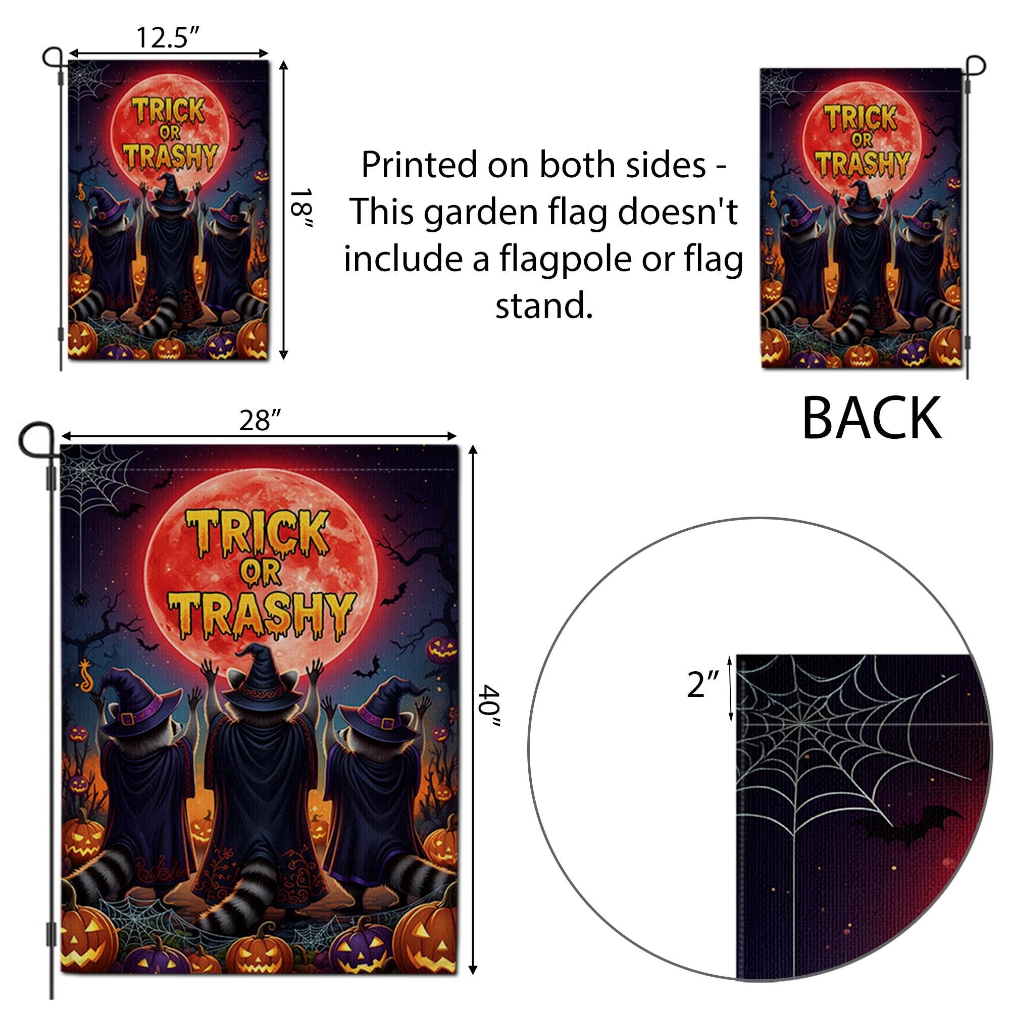 Trick or Trashy Garden Flag – Funny Halloween Raccoon Flag, Witchy Outdoor Decor, Spooky Yard Sign with Pumpkins & Full Moon