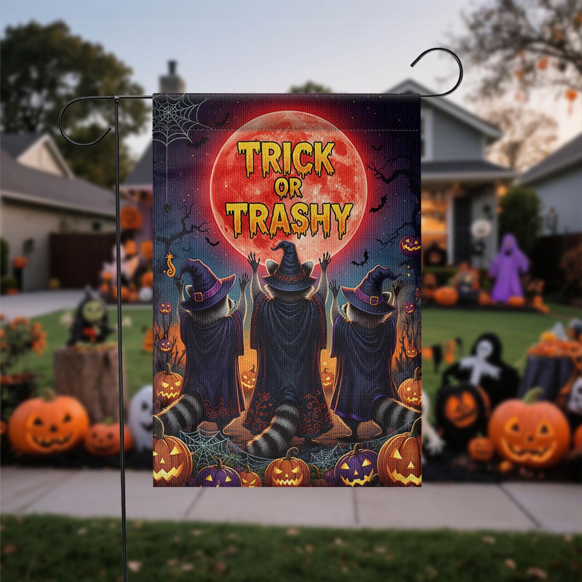 Trick or Trashy Garden Flag – Funny Halloween Raccoon Flag, Witchy Outdoor Decor, Spooky Yard Sign with Pumpkins & Full Moon