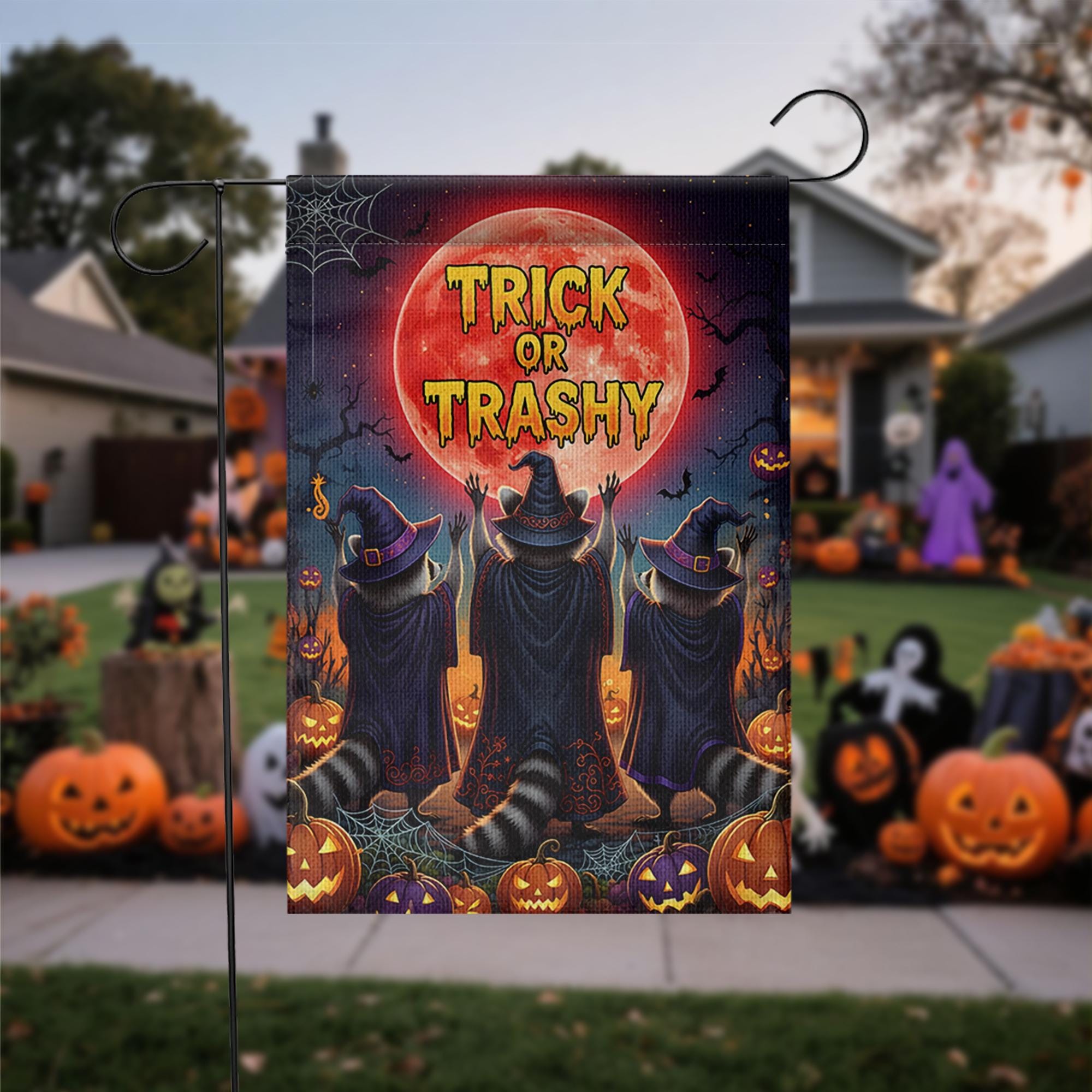 Trick or Trashy Garden Flag – Funny Halloween Raccoon Flag, Witchy Outdoor Decor, Spooky Yard Sign with Pumpkins & Full Moon