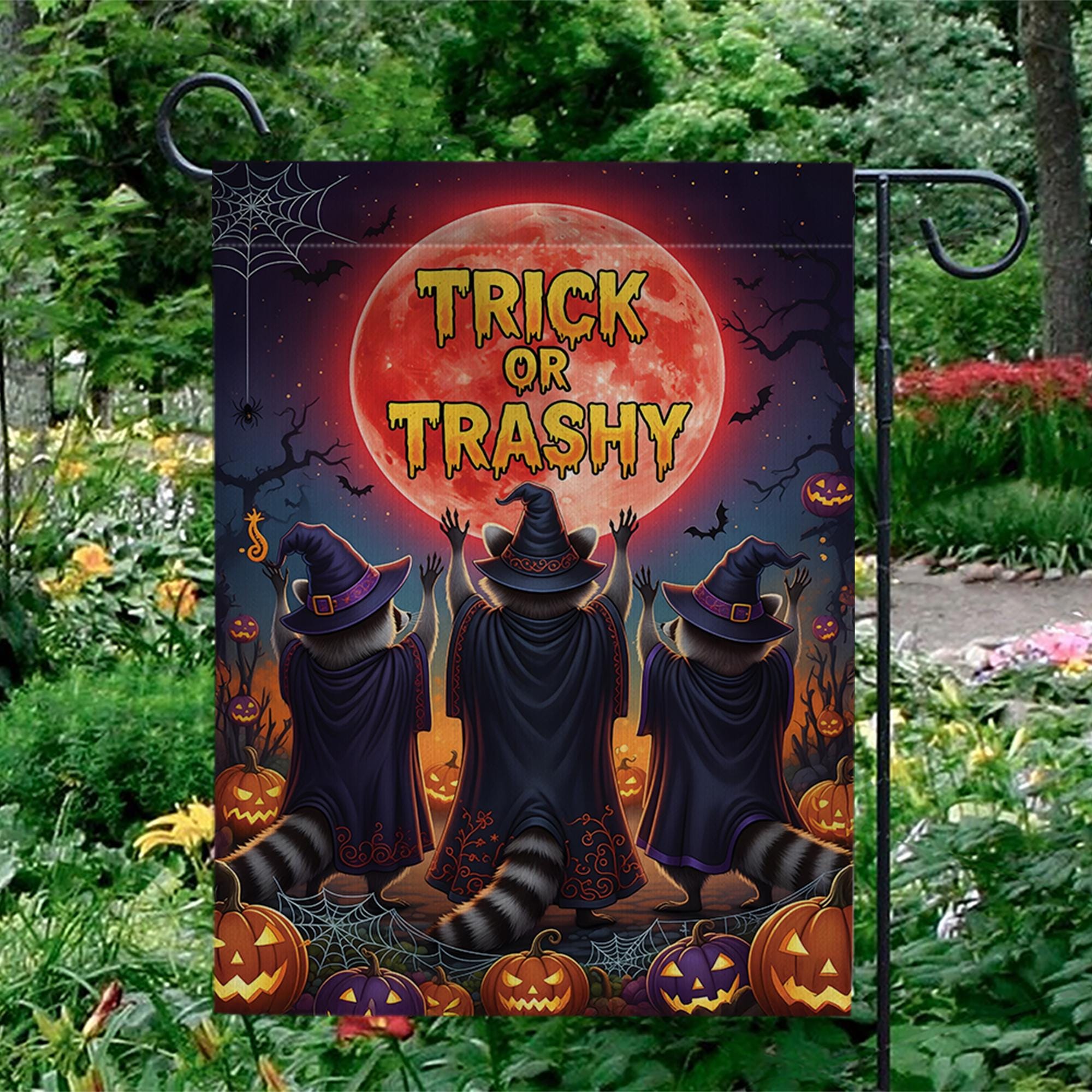 Trick or Trashy Garden Flag – Funny Halloween Raccoon Flag, Witchy Outdoor Decor, Spooky Yard Sign with Pumpkins & Full Moon