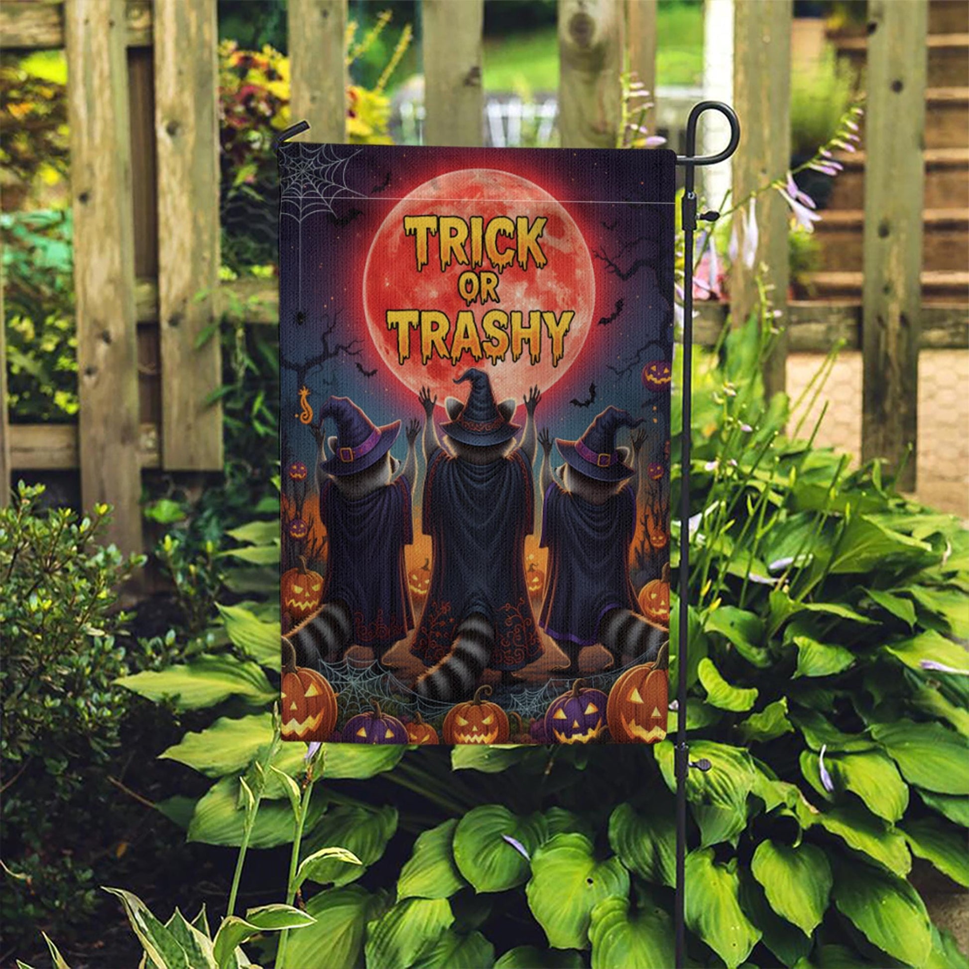 Trick or Trashy Garden Flag – Funny Halloween Raccoon Flag, Witchy Outdoor Decor, Spooky Yard Sign with Pumpkins & Full Moon