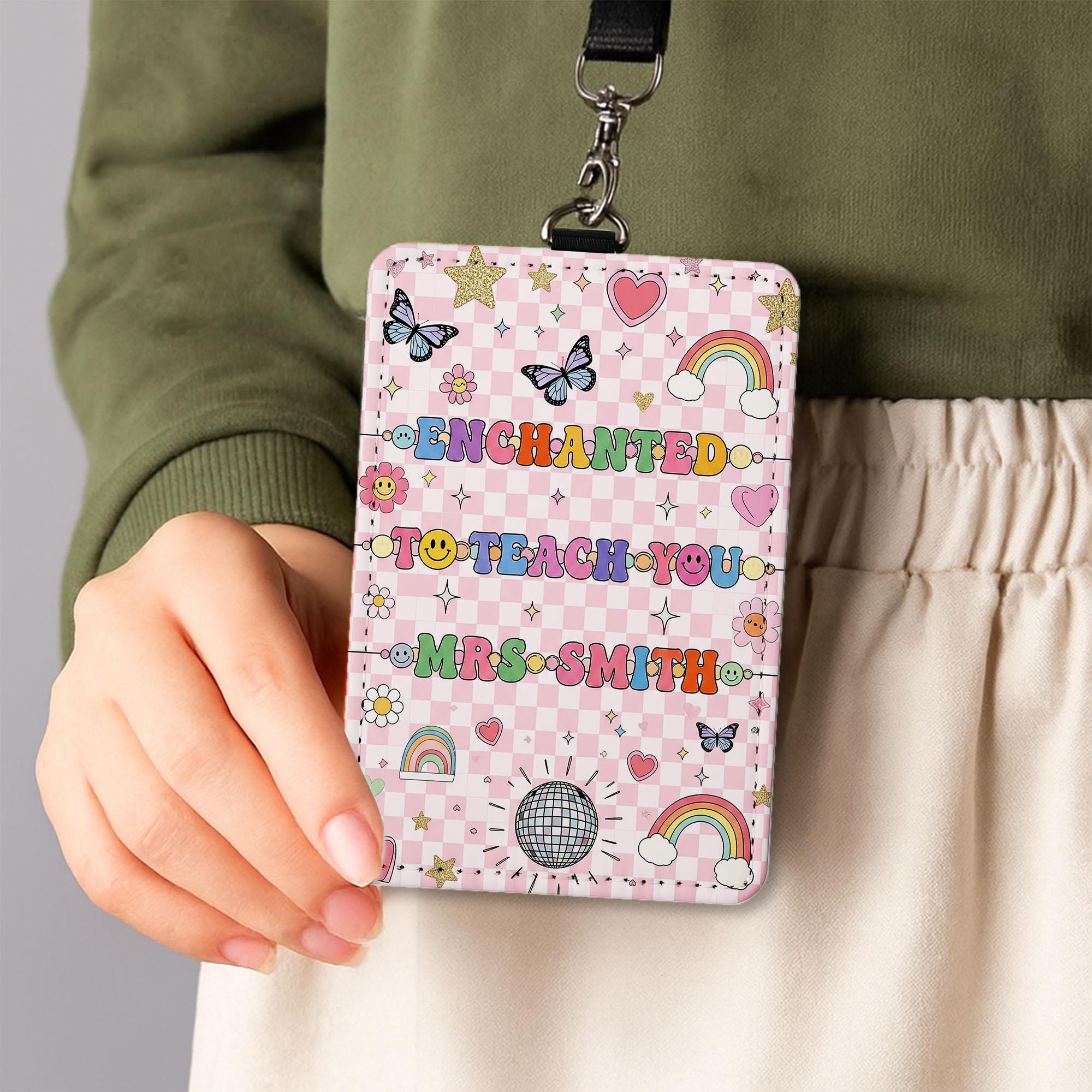 Enchanted Teacher Badge Holder, Cute Leather ID Holder, Rainbow Butterfly Lanyard, Gift for Teachers, Fun Classroom Accessory