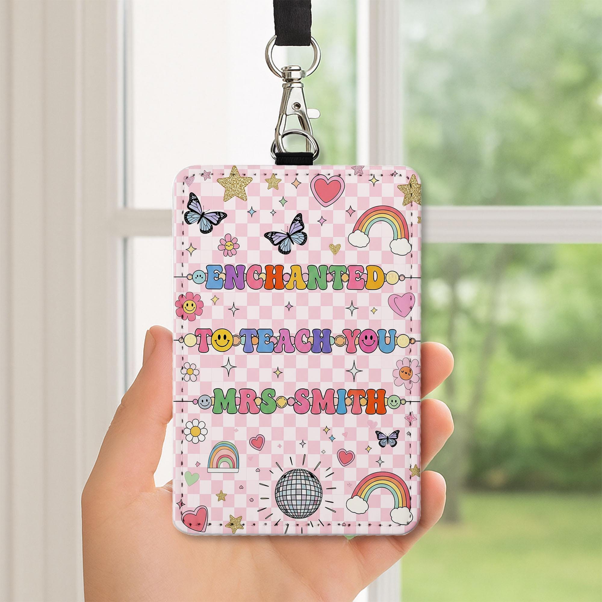 Enchanted Teacher Badge Holder, Cute Leather ID Holder, Rainbow Butterfly Lanyard, Gift for Teachers, Fun Classroom Accessory