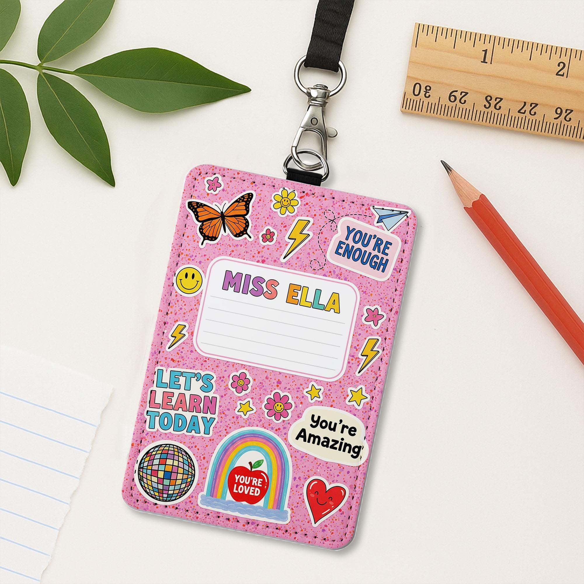Teacher Badge Holder, Cute ID Badge, Teacher Lanyard, Rainbow Name Tag, Personalized Teacher Gift, Classroom Accessories