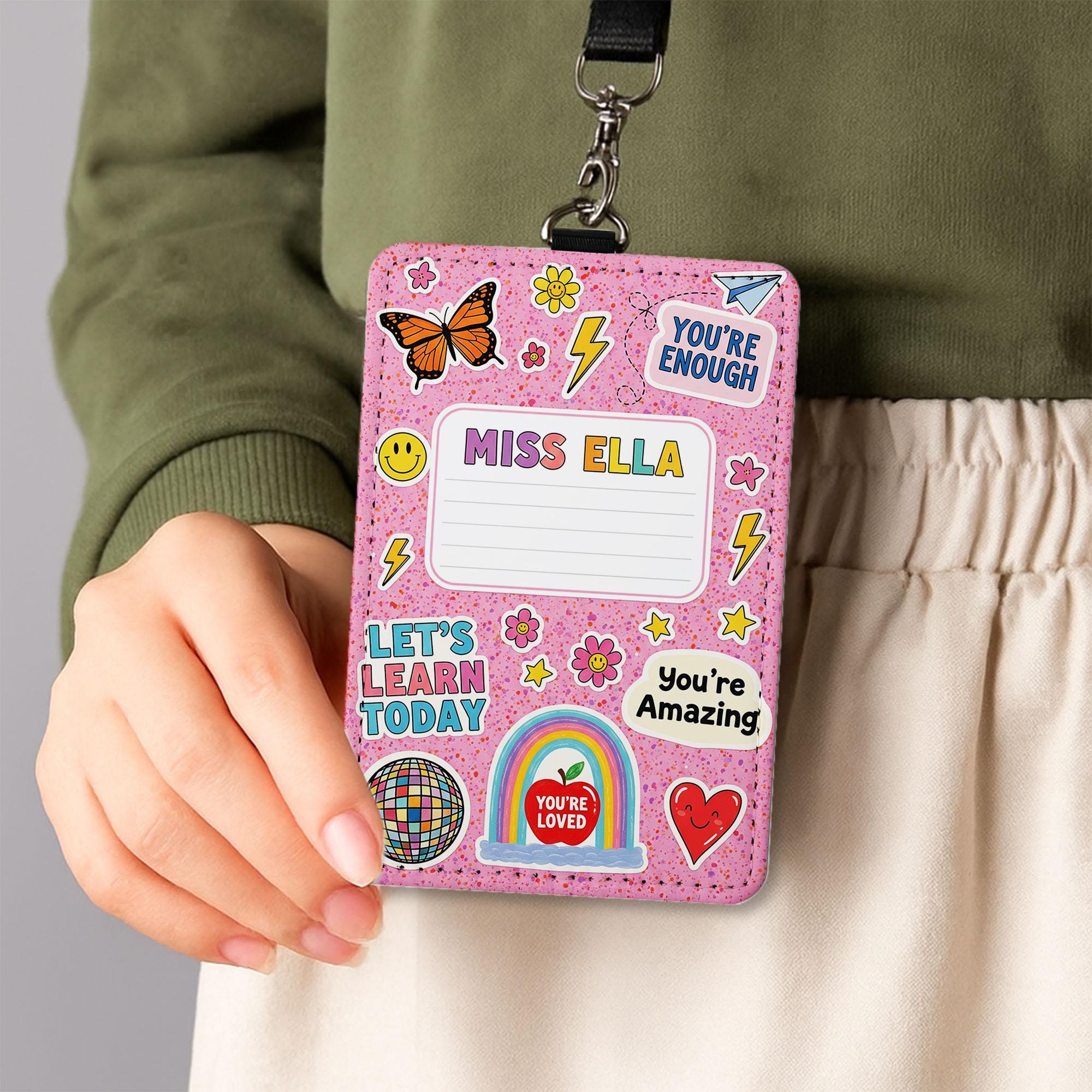 Teacher Badge Holder, Cute ID Badge, Teacher Lanyard, Rainbow Name Tag, Personalized Teacher Gift, Classroom Accessories
