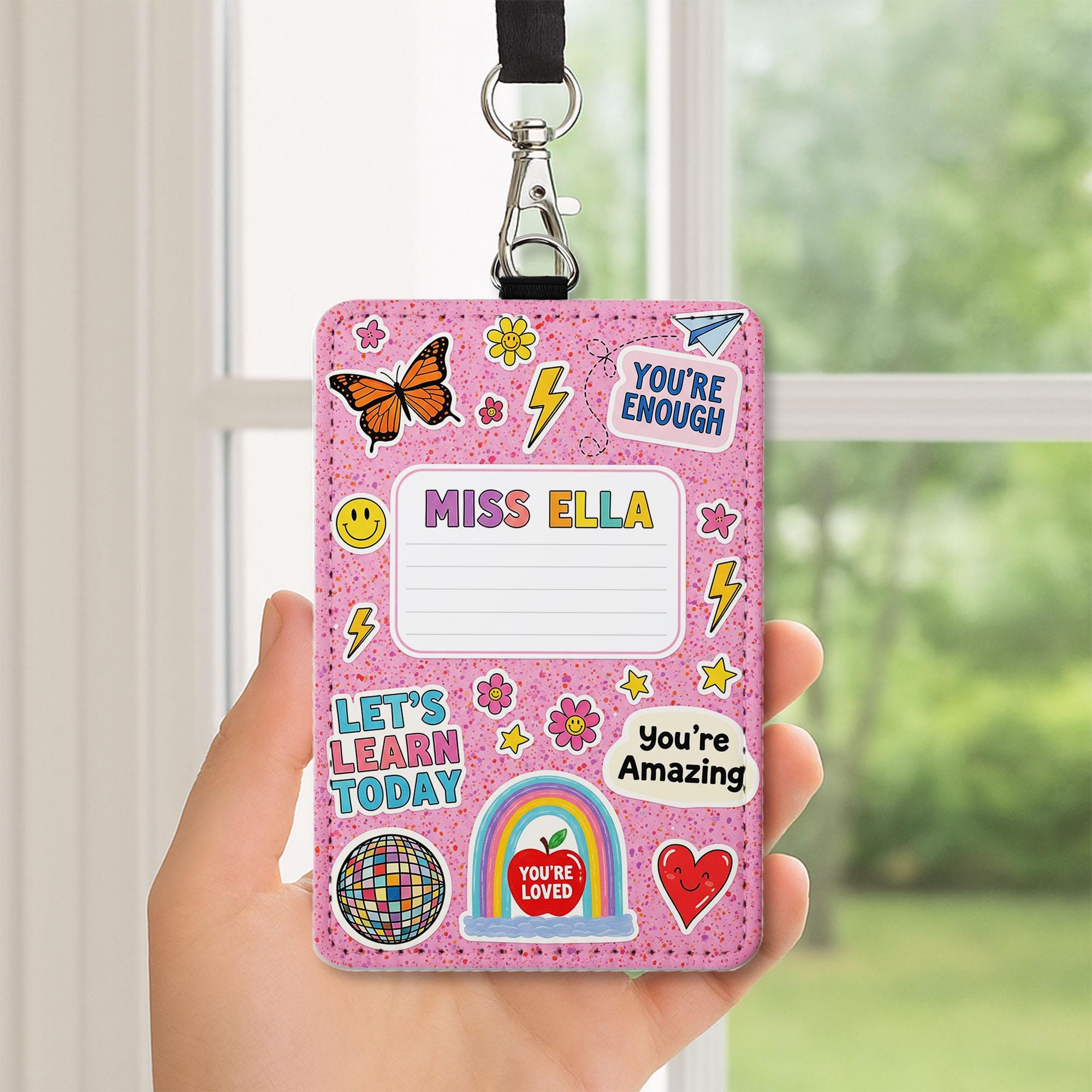 Teacher Badge Holder, Cute ID Badge, Teacher Lanyard, Rainbow Name Tag, Personalized Teacher Gift, Classroom Accessories