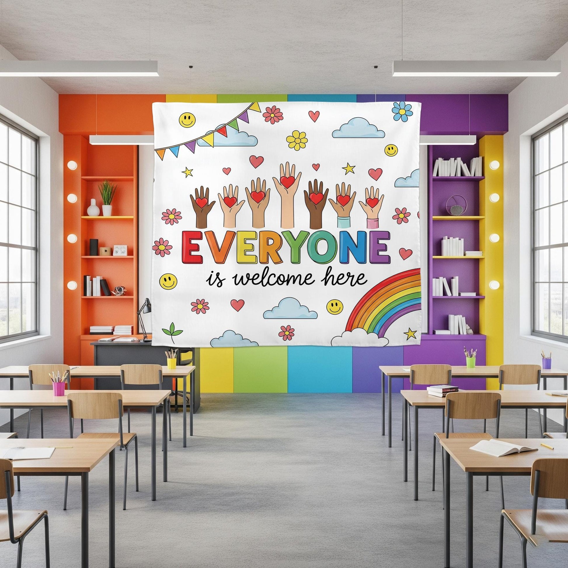 Everyone Is Welcome Here Tapestry, Classroom Wall Decor, Inclusive Rainbow Banner, Diversity Poster, Positive School Art