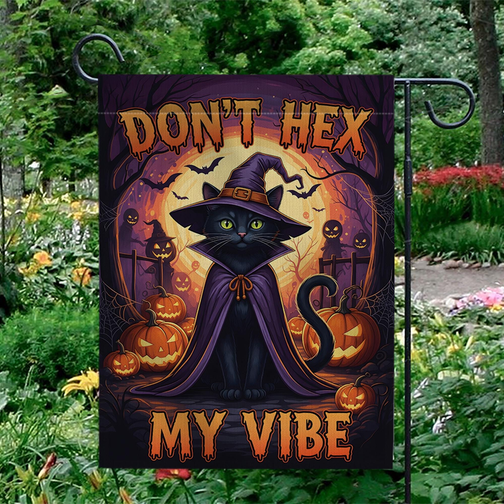 Don't Hex My Vibe Garden Flag, Funny Black Cat Halloween Yard Decor, Spooky Witchy Outdoor Banner, Whimsical Witch Cat Lover Gift