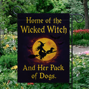 Wicked Witch And Her Pack of Dogs Garden Flag, Funny Halloween Decor, Witchy Dog Lover Gift, Spooky Pet Lover Yard Art Banner