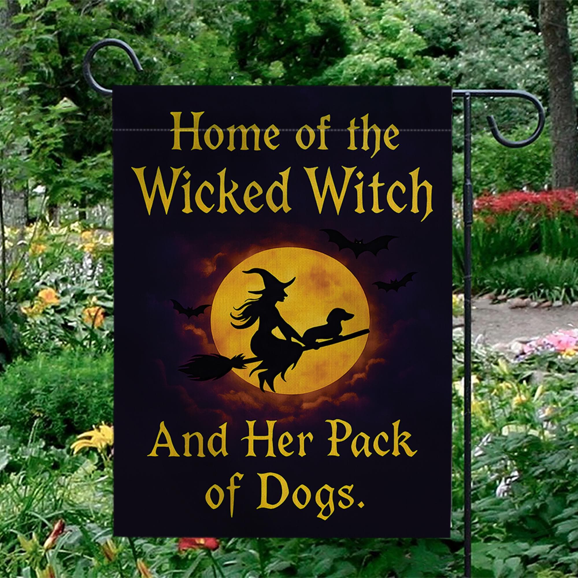 Wicked Witch And Her Pack of Dogs Garden Flag, Funny Halloween Decor, Witchy Dog Lover Gift, Spooky Pet Lover Yard Art Banner