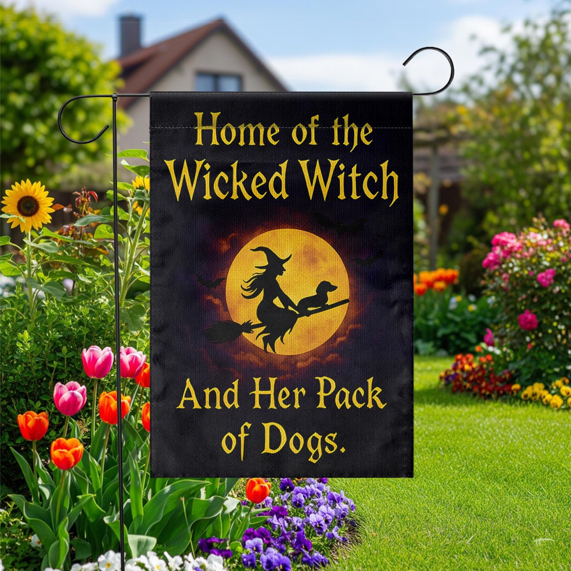 Wicked Witch And Her Pack of Dogs Garden Flag, Funny Halloween Decor, Witchy Dog Lover Gift, Spooky Pet Lover Yard Art Banner