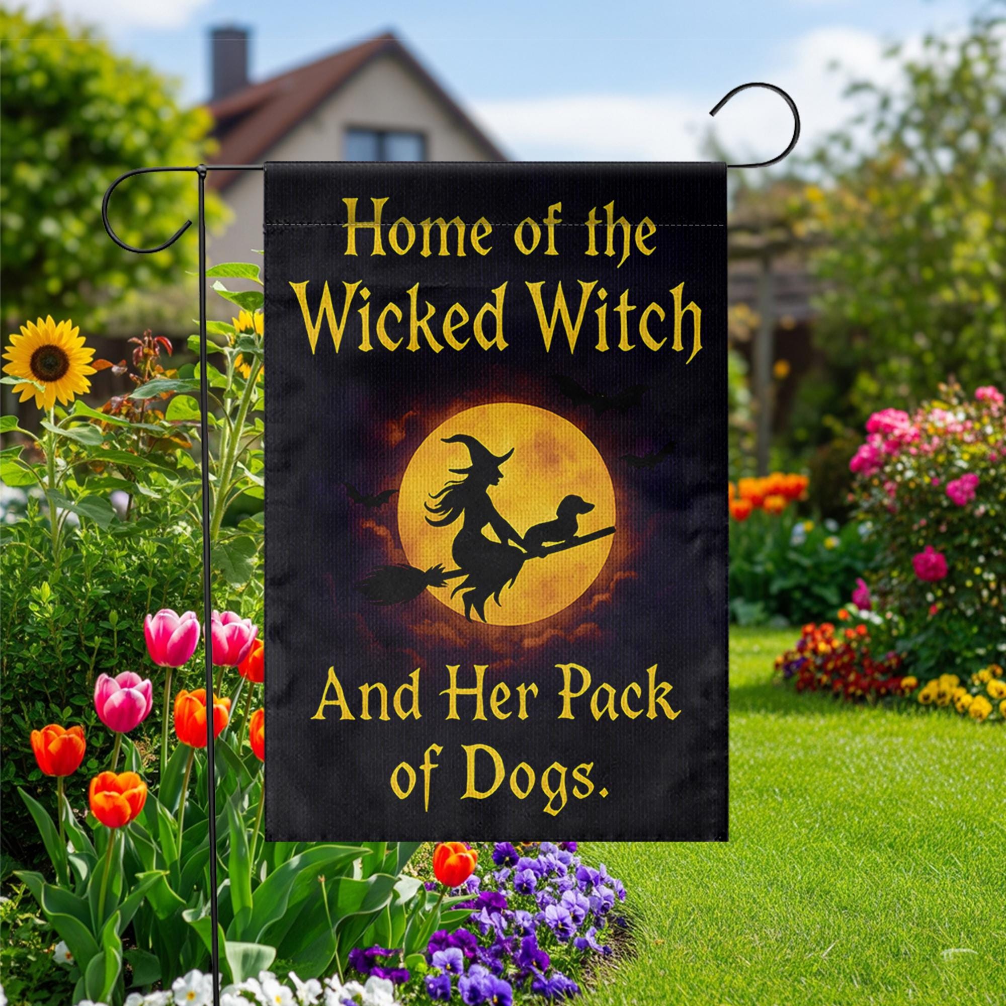 Wicked Witch And Her Pack of Dogs Garden Flag, Funny Halloween Decor, Witchy Dog Lover Gift, Spooky Pet Lover Yard Art Banner