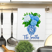 Personalized Kitchen Towel with Family Name – Blue Chinoiserie Hydrangea Flower Vase Hand Towel – Custom Monogram Tea Towel Gift for Home