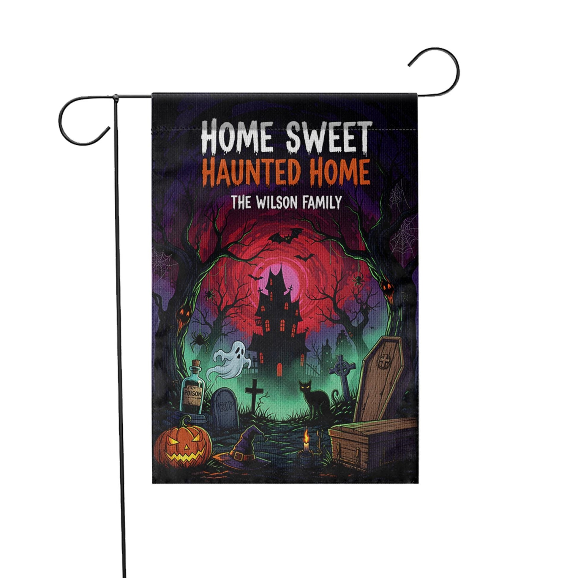 Personalized Halloween Flag, Home Sweet Haunted Home Garden Banner, Custom Family Name Sign, Spooky Haunted House Yard Decor Gift