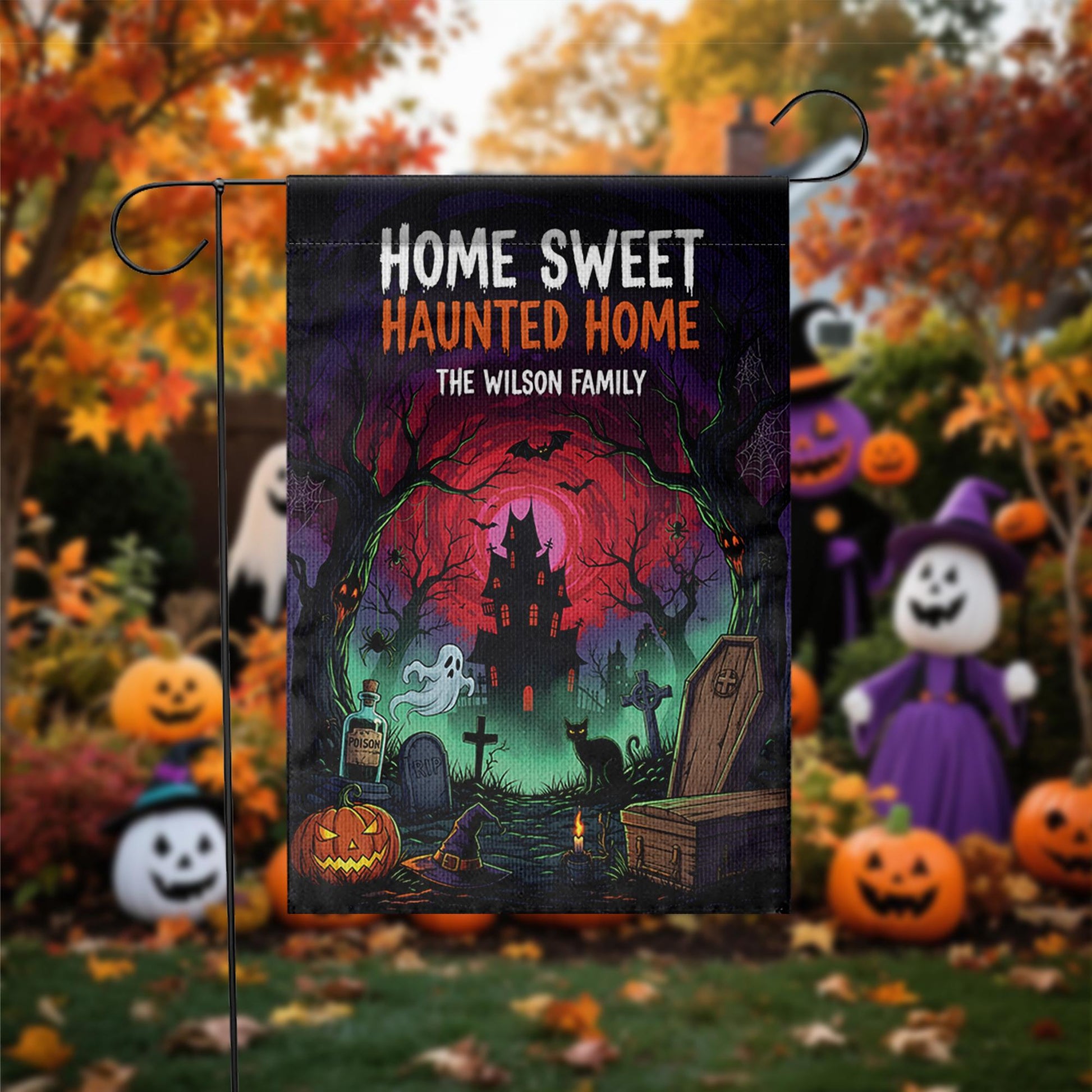 Personalized Halloween Flag, Home Sweet Haunted Home Garden Banner, Custom Family Name Sign, Spooky Haunted House Yard Decor Gift