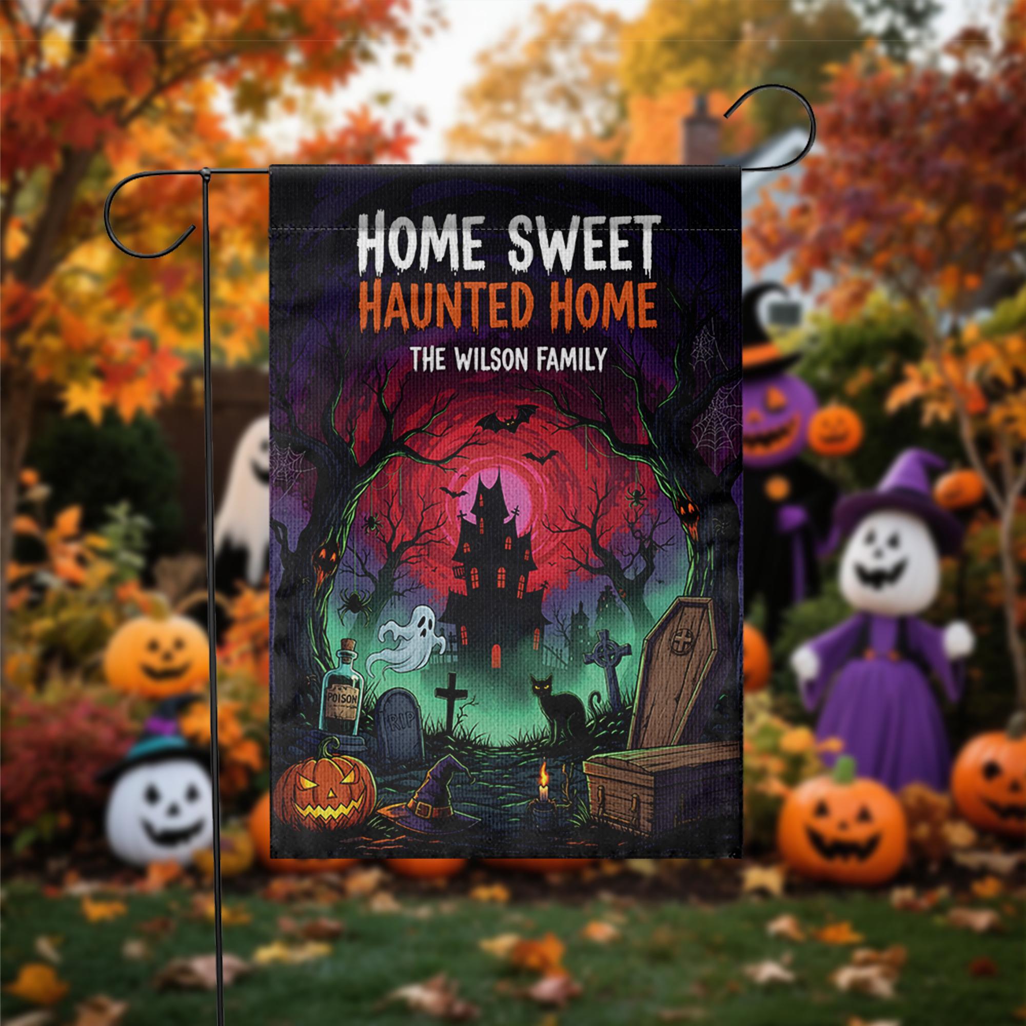 Personalized Halloween Flag, Home Sweet Haunted Home Garden Banner, Custom Family Name Sign, Spooky Haunted House Yard Decor Gift