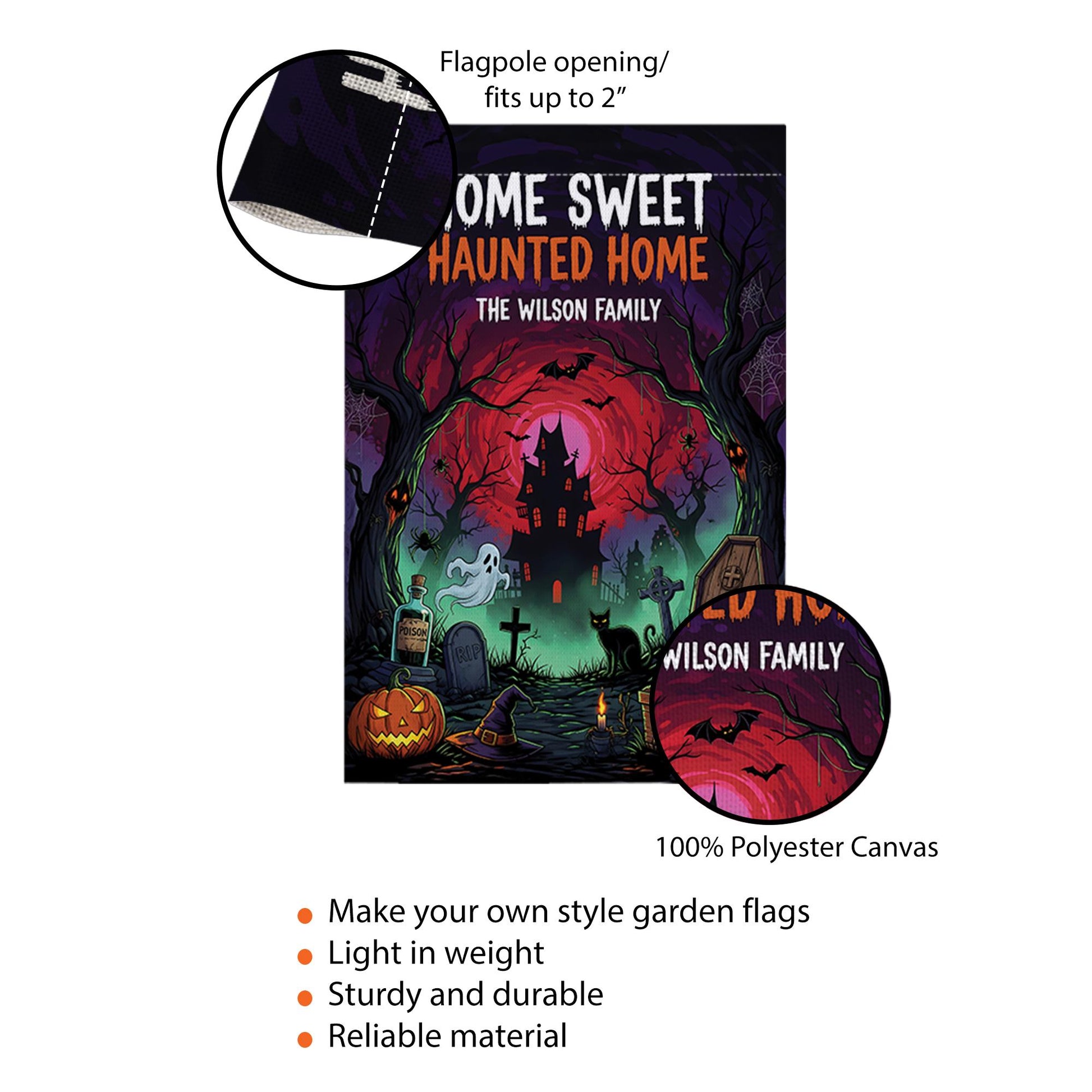 Personalized Halloween Flag, Home Sweet Haunted Home Garden Banner, Custom Family Name Sign, Spooky Haunted House Yard Decor Gift